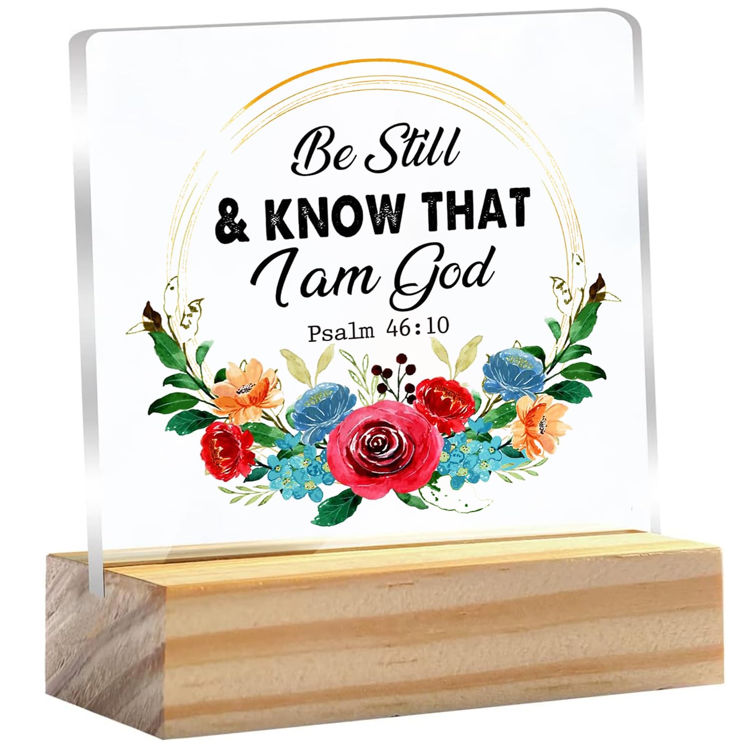Pibonto Desk Decor Be Still & Know That I Am God Wood Block Sign,Bible Verse Scripture Art Psalm 46：10 Acrylic Plaque With Stand Bible Sign Christian Décor 4X4 Inch