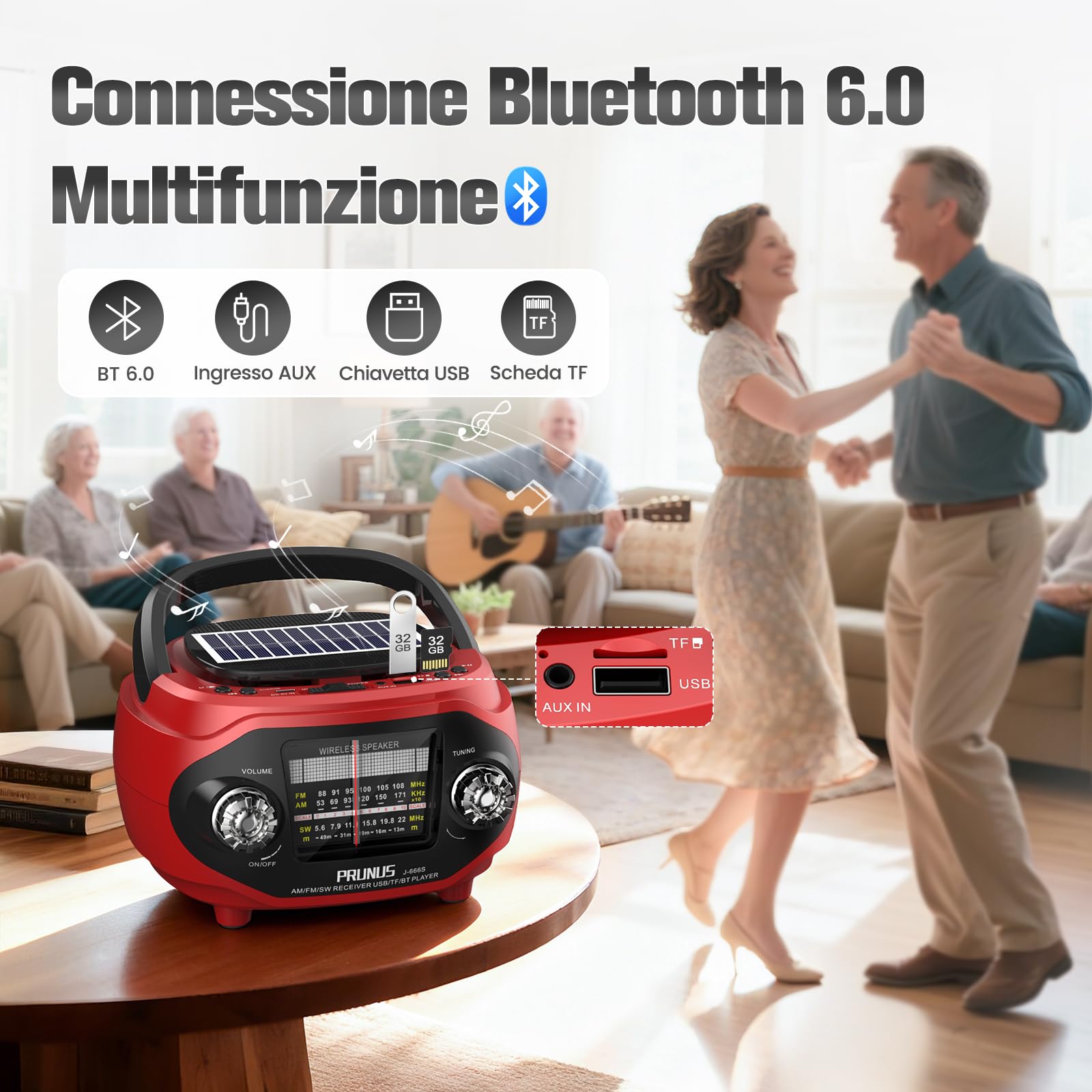 PRUNUS J-666S Radio Portatile Solare AM FM SW e Altoparlante Vintage Bluetooth 6.0 15W, Stereo e Bassi Ricchi, Ricaricabile via USB C, Supporta TF/USB/AUX, Ideale per Casa e Regalo (Rosso)