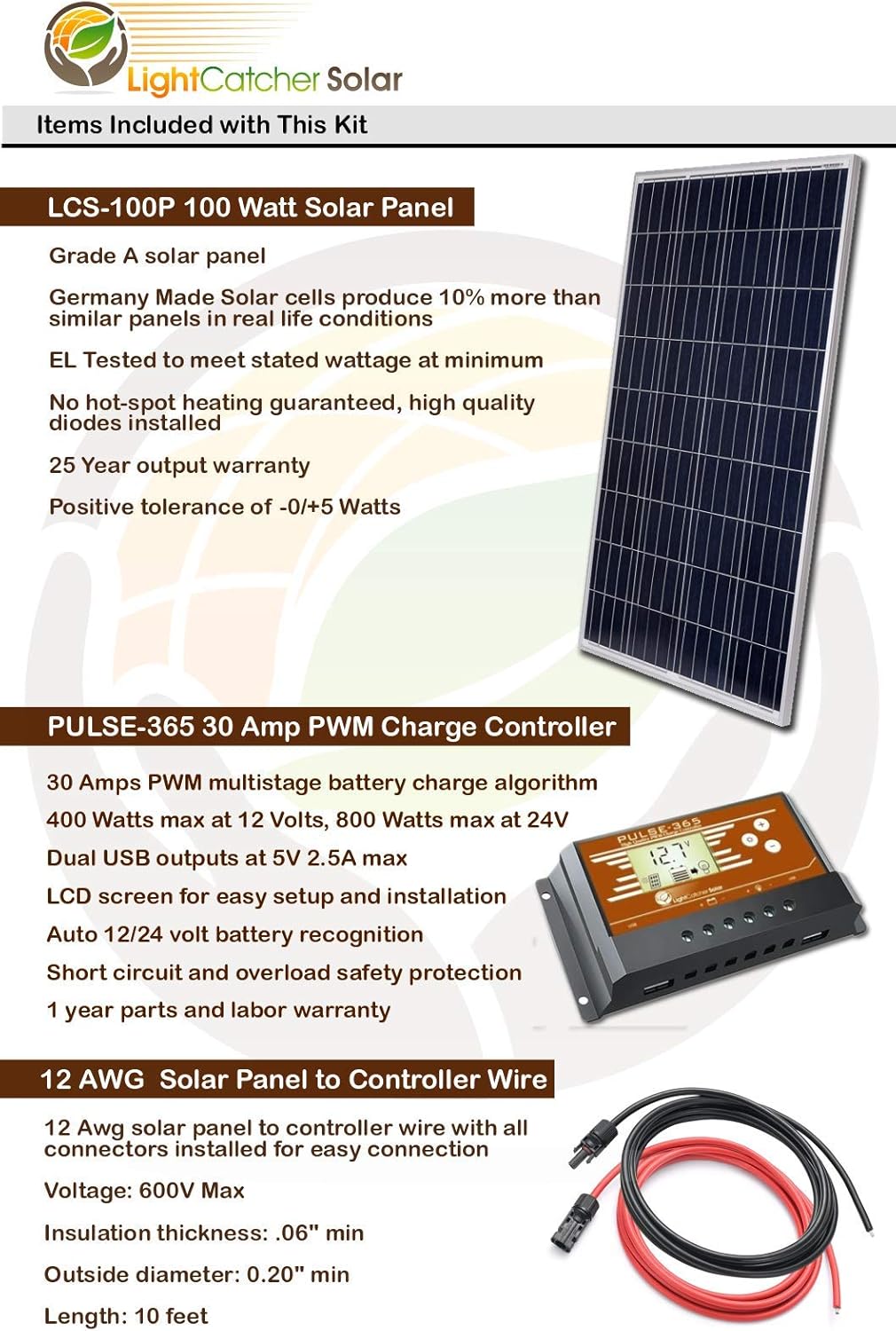LightCatcher-Solar 100-Watt 12-Volt Polycrystalline Solar Panel Kit (Panel+PWM Controller + 10' Wire)