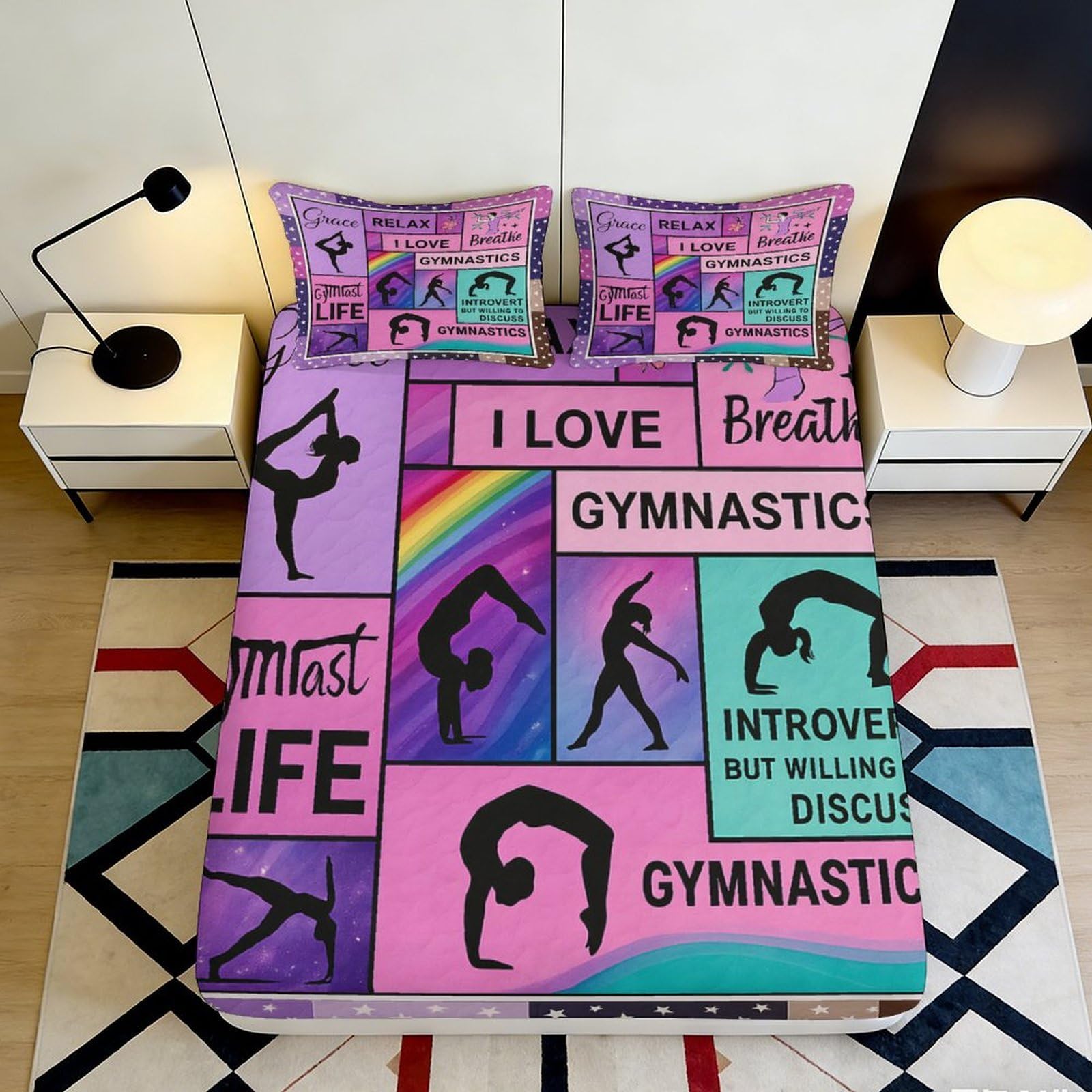 3D Printed Gymnastics Silhouette Fitted Sheet Microfiber Colorful Motivational Bed Cover for Bedroom Dorm Decor 90x200x25cm