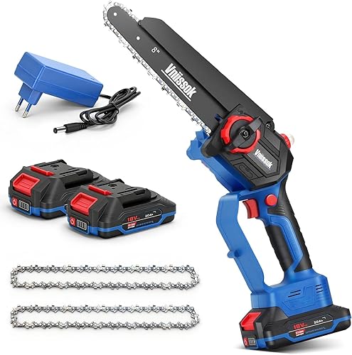 Mini motosierra inalámbrica de 8 pulgadas, motosierra eléctrica de mano mejorada con 2 baterías y cargador, sierra de cadena eléctrica con