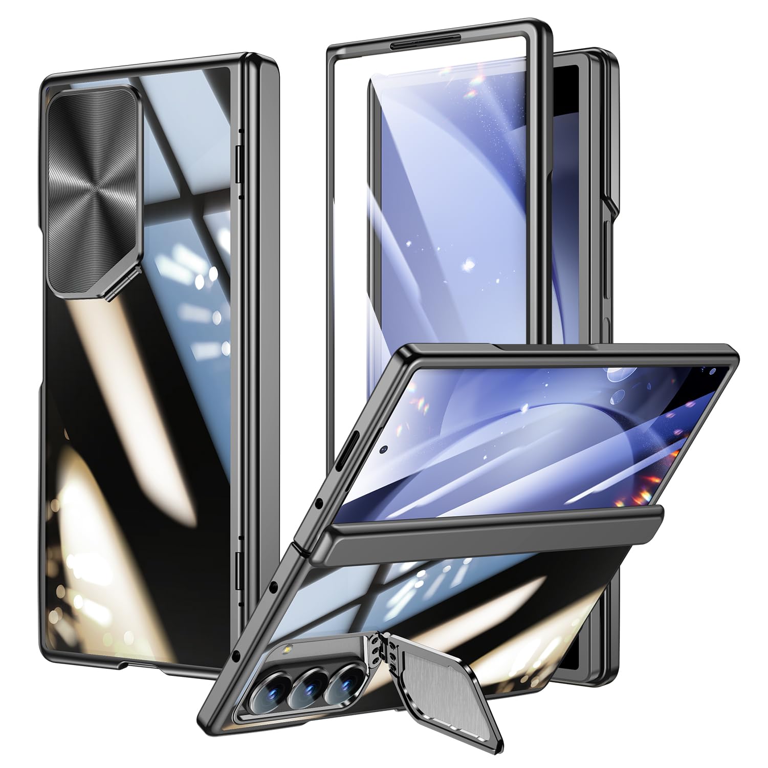 Custodia per Samsung Galaxy Z-Fold-6: con cavalletto per fotocamera, protezione per lo schermo anteriore, copertura protettiva completa, cover sottile per telefono con placcatura trasparente