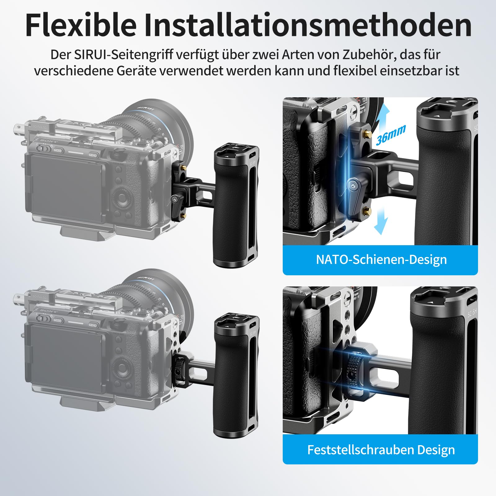 SIRUI Seitenhandgriff, Side Handle für Kamerakäfig, Zwei Befestigungsmöglichkeiten, NATO-Schiene, Fixierschraube, 3/8"-16 Schraube, 1/4"-20 Schrauben, rechts/Links verwendbar (SC-SH)