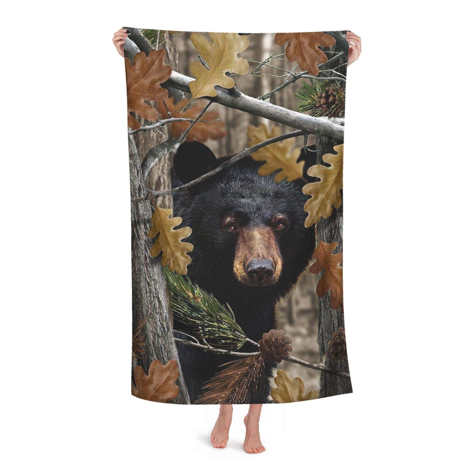 Camo Camouflage Bear Beach Towel for Adults, 32 x 52 Inches, Absorbent Portable Lightweight Blanket Towels Soft Bath Towels for Beach Pool SPA Gym Travel, 32x52 Inch