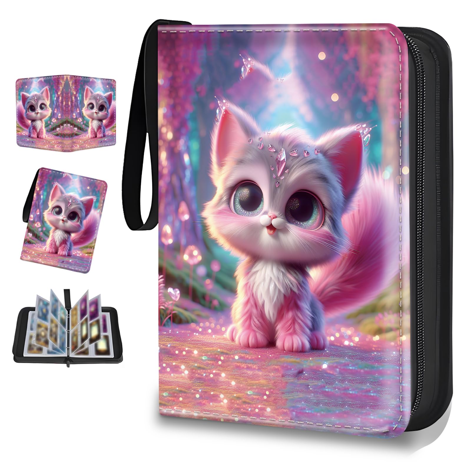 Raccoglitore per carte collezionabili a 4 tasche con 50 tasche rimovibili, capacità 400 scomparti con cerniera, per MTG, TCG e carte sportive (simpatico gatto rosa)