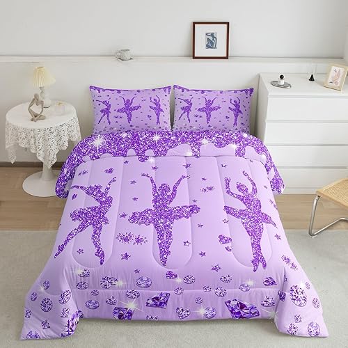 Miniatura 2 de Erosebridal Juego de edredón de bailarina de ballet con purpurina morada, juego de ropa de cama de ballet clásico para bailarinas, niñas y mujeres,