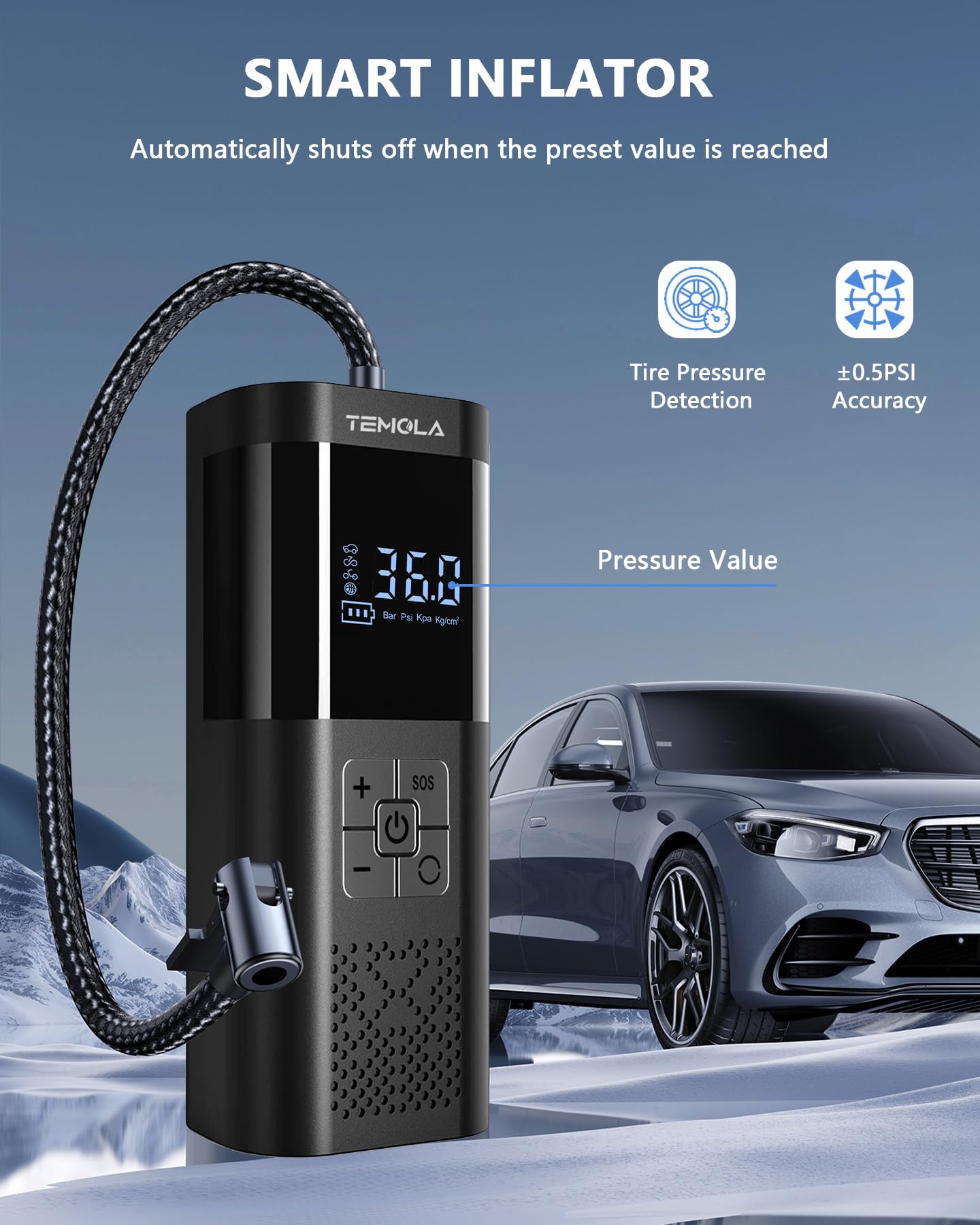 TEMOLA Tire Inflator Portable Air Compressor, Air Pump for Car Tires — view 2