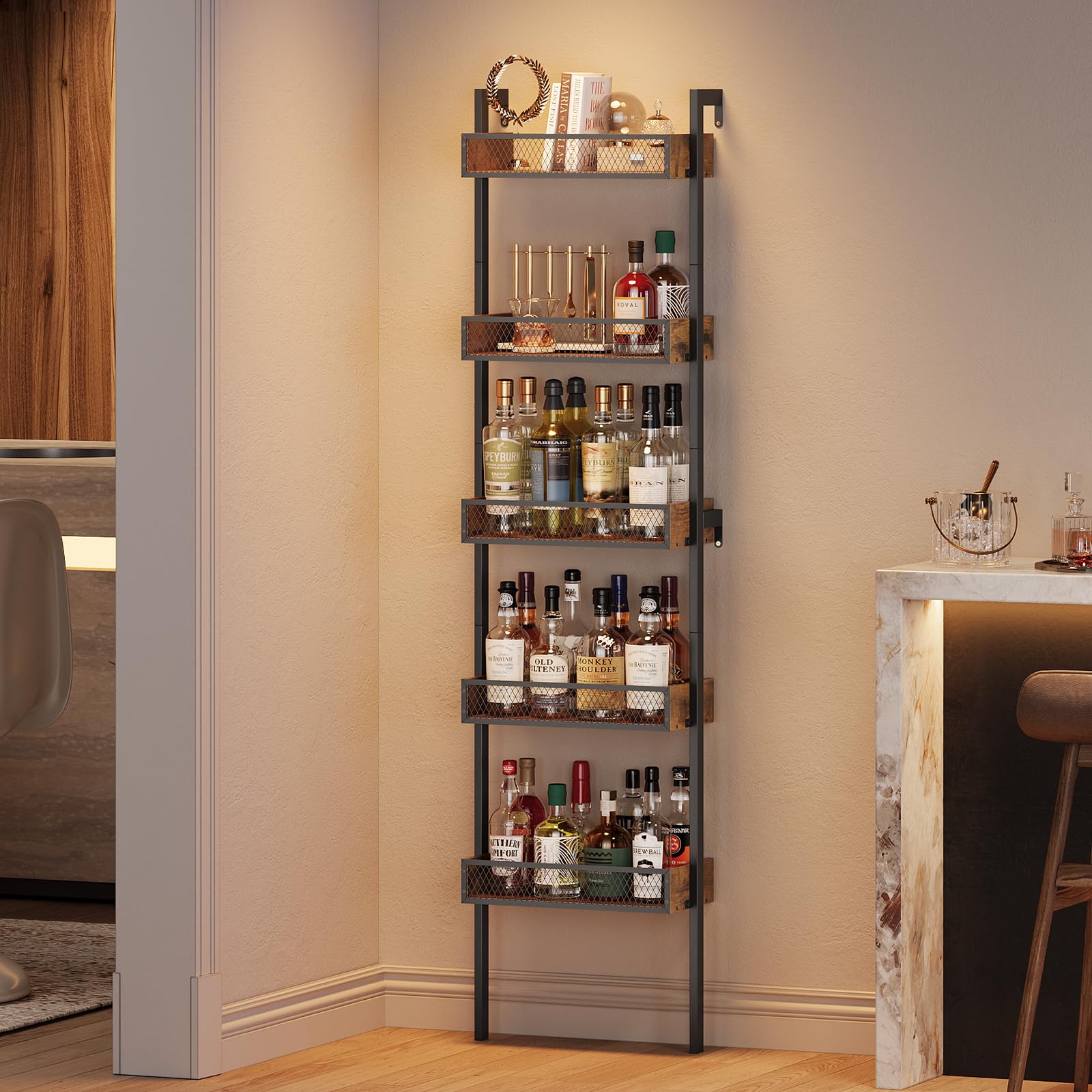 VEDECASA 5‑Stufiges Weinregal & Liquor Stand – Freistehendes Flaschenregal & Wand‑Display Regal für Wein & Spirituosen – Rustik‑Braun Holz/Metall Dekor – Bar, Küche & Wohnzimmer Weinständer