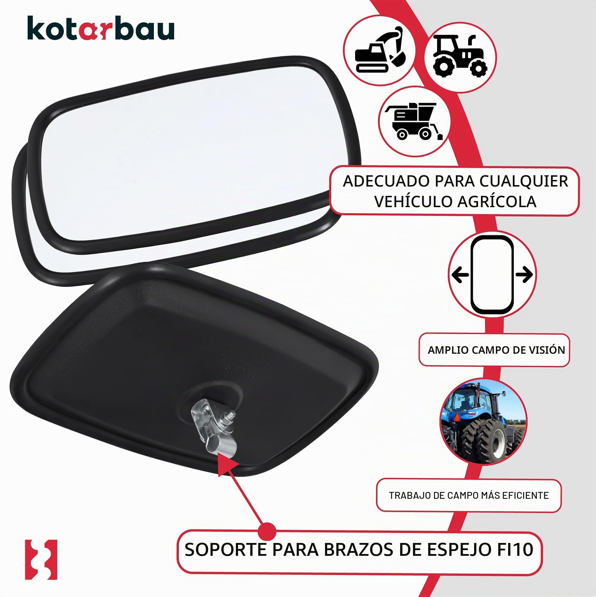 KOTARBAU Espejo universal para tractor 19x23 cm PVC 2 unidades retrovisor con soporte