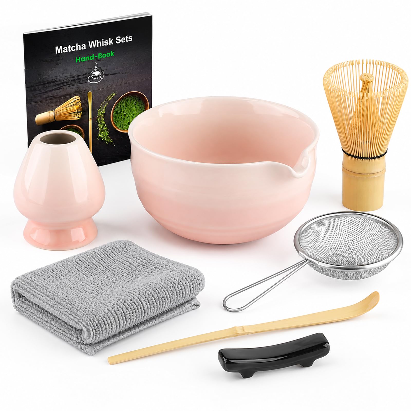 Muexoee 7 Pcs Matcha Set,Matcha Tea for Making Breakfast/Latte,Whisk Set and Bowl with All Accessories，Authentic Tea Ceremony，Gradient Pink Bowl,Bamboo Stirrer — image 1