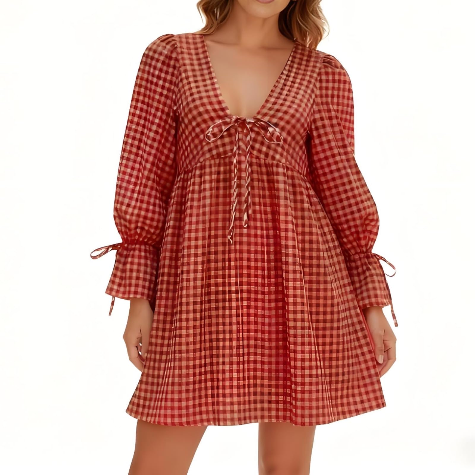 Feclmiyt Women's Gingham Puff Sleeve Mini Dress V Neck Tie Front Plaid Loose Dress Summer Flowy Babydoll Dresses Streetwear (A-Red, S)