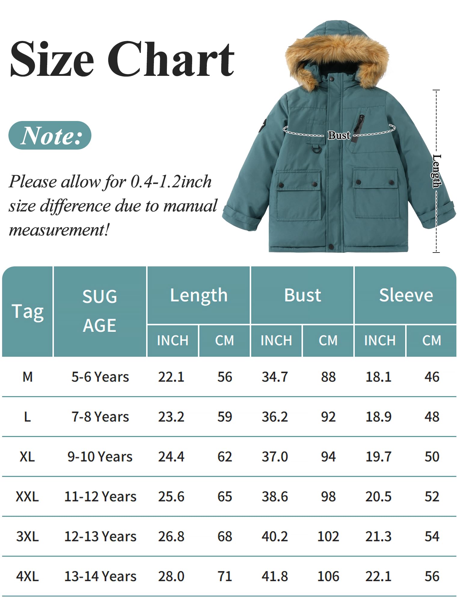 SEAUR Niño Chaqueta Parka Grueso Cómodo Abrigo de Invierno con Capucha Niño Ropa Cálida e Informal Resistente al Viento 5-14 años