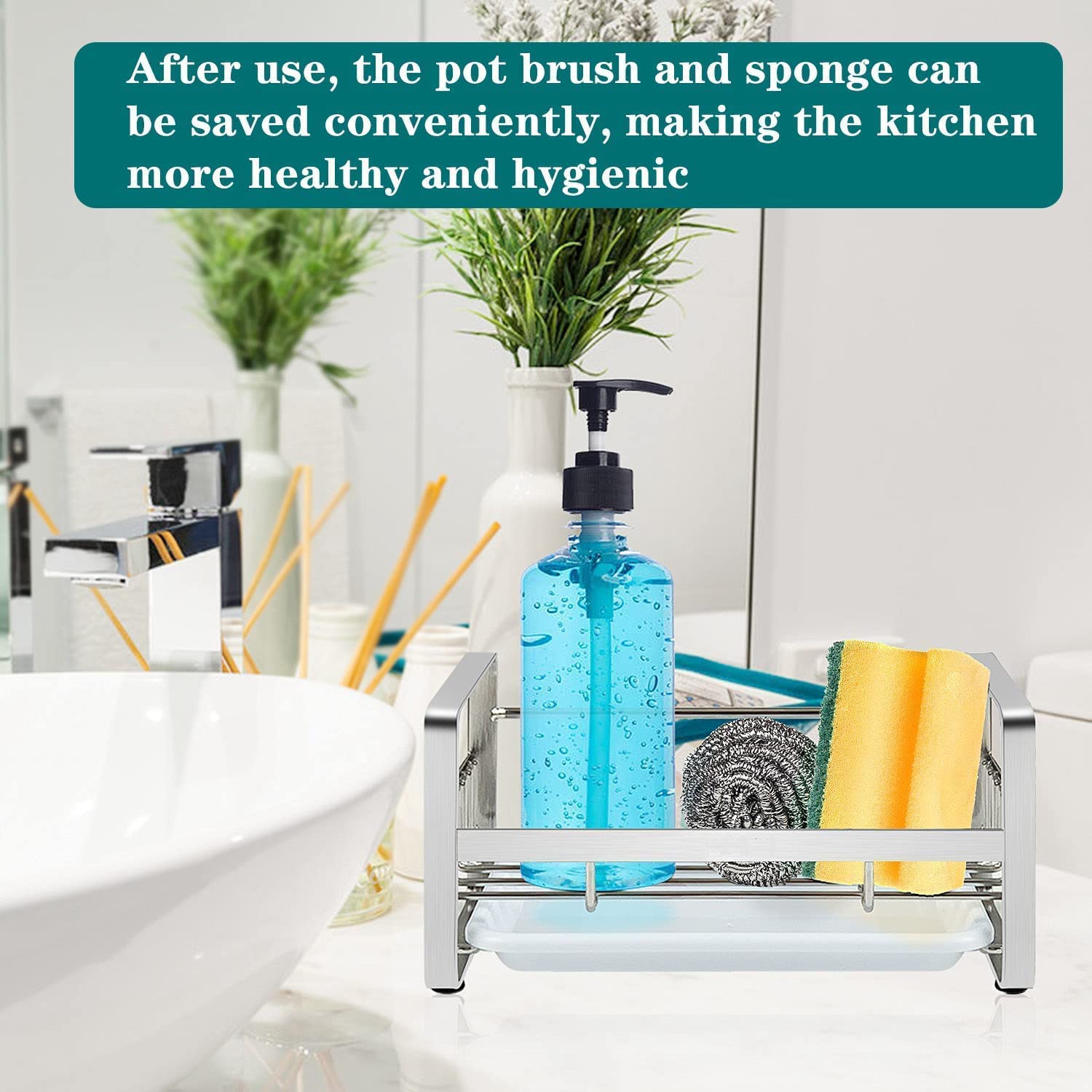 Zeinwap Stainless Steel Sponge Holder for Kitchen Sink Caddy Organizer Countertops and Walls Soap Tray Dish Drainer with Detachable Dish Drainer Tray(Silver,1 Pc) 3