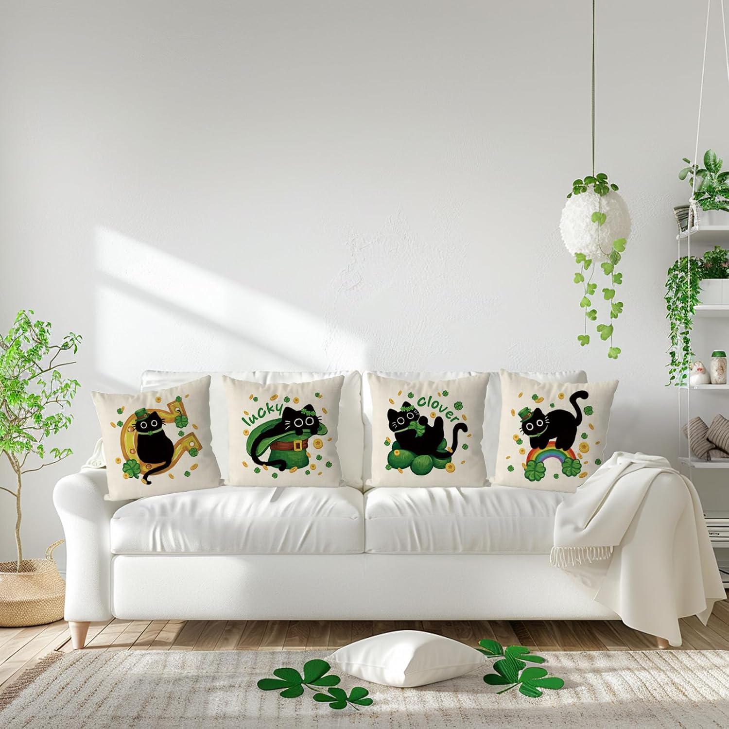 St Patricks Day Pillow Covers 18x18 Inch Set of 4 Black Cat Decor Throw Pillowcase Happy St. Patrick's Day Cushion Case for Home Sofa Living Room Decor - Image 5