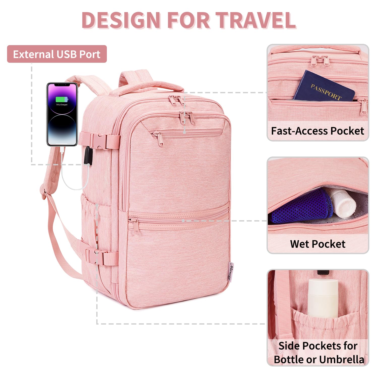 Narwey Zaino Ryanair 40x20x25 Bagaglio a Mano Borsone da Viaggio Borsa da Cabina Borsa Aereo Zaino Porta PC Donna Uomo 20L(Rosa)