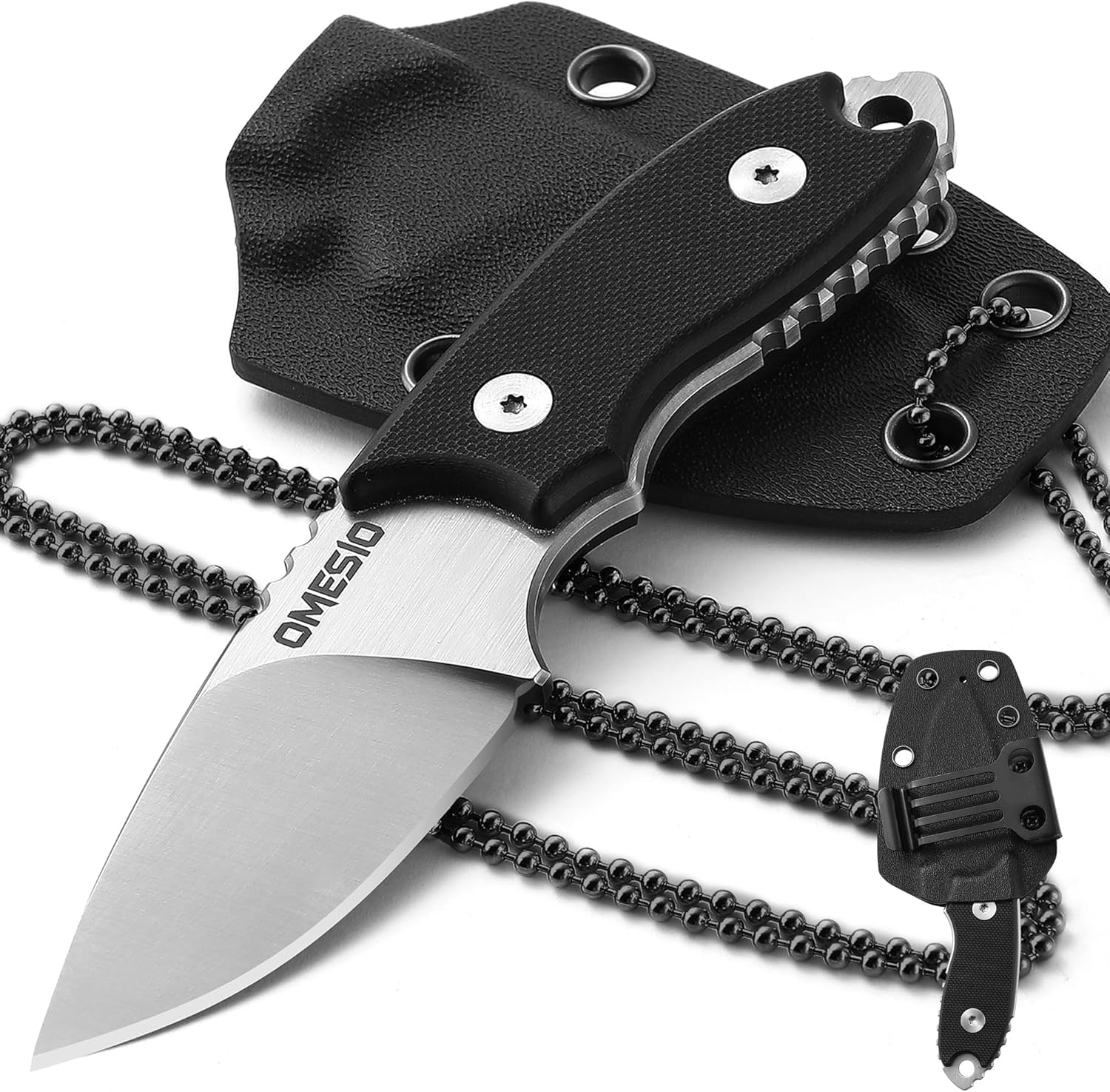 Omesio Cuchillo de cuello D2 acero 5.45 pulgadas con funda y collar