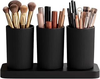 Modern Vanity Countertop Organizer for Bathroom & Dressing Table 3 Slot Makeup Brush Holder Organizer with Base – Ribbed B... Price In India
