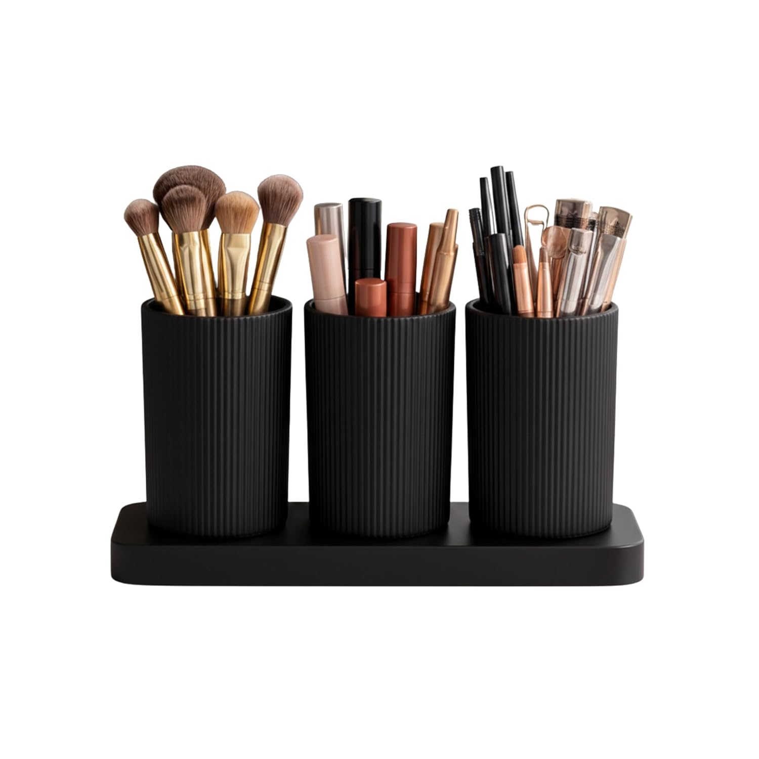 Modern Vanity Countertop Organizer for Bathroom & Dressing Table 3 Slot Makeup Brush Holder Organizer with Base – Ribbed B... - Review, Price and Buying Guide