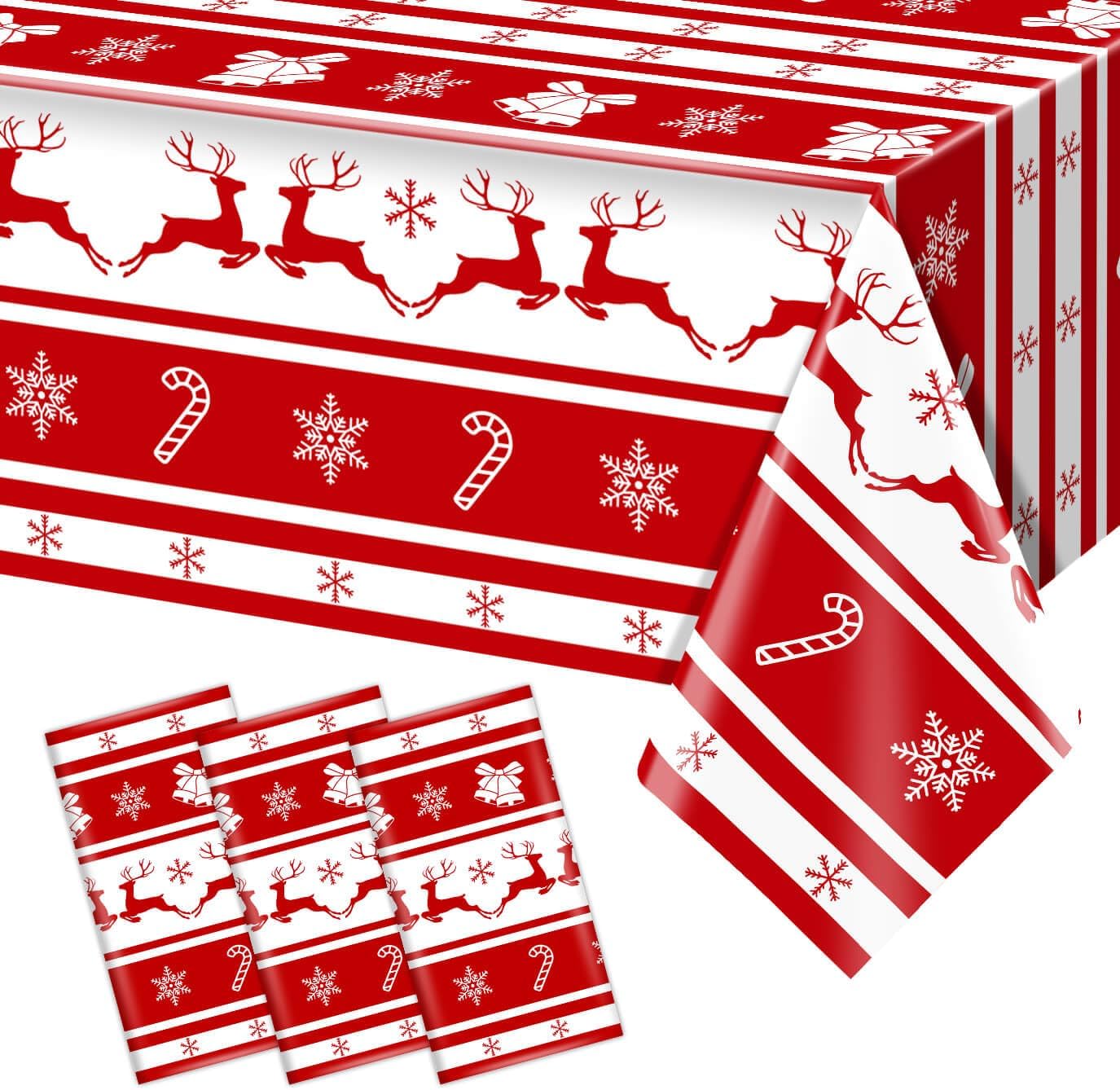 3 Pack Christmas Tablecloth for Christmas Table Decorations 54 x 108 inch Xmas Red and White Disposable Plastic Waterproof Snowflake Tablecloth for Winter Holiday Party Supplies