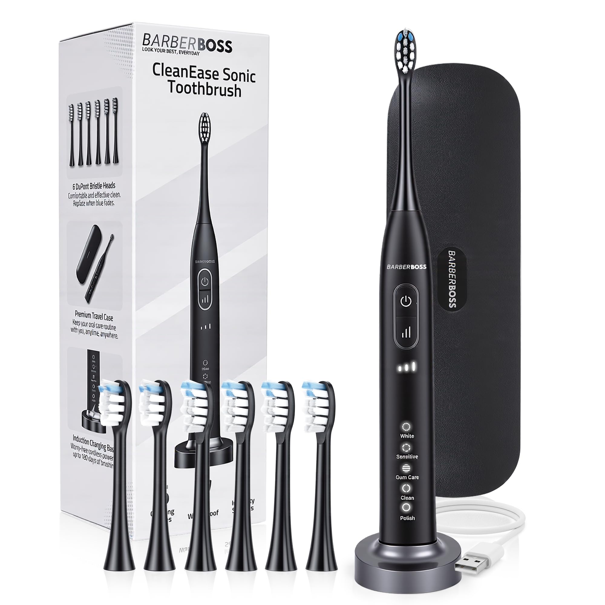 Barberboss Black Sonic Electric Toothbrush, Rechargeable Toothbrush For Adults, 5 Modes 3 Intensities, 2-Minute Timer, 6 Brush Heads, Up To 180-Day