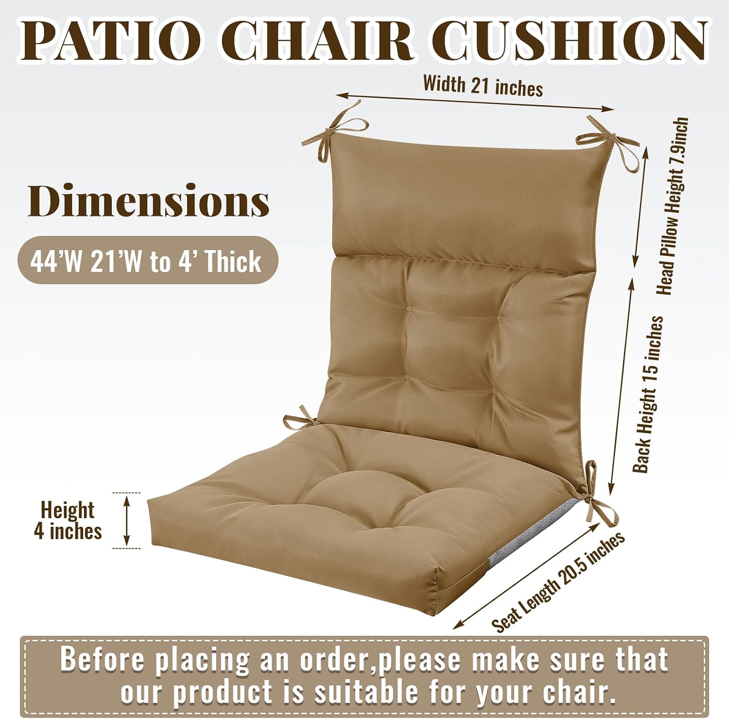 Sintuff 2 Pcs 44 x 21 x 4 Patio Chair Cushions Outdoor Chair Cushion Seat/Back Tufted Pillow with Ties Water Resistant Replacement Indoor Patio Furniture Outdoor Furniture (Solid Color,Brown)