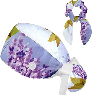 FVQL 2 Pieces Surgical Cap for Long Hair Scrub Cap with Hairband Nurse Cap, Art Pattern Leaf and Flower