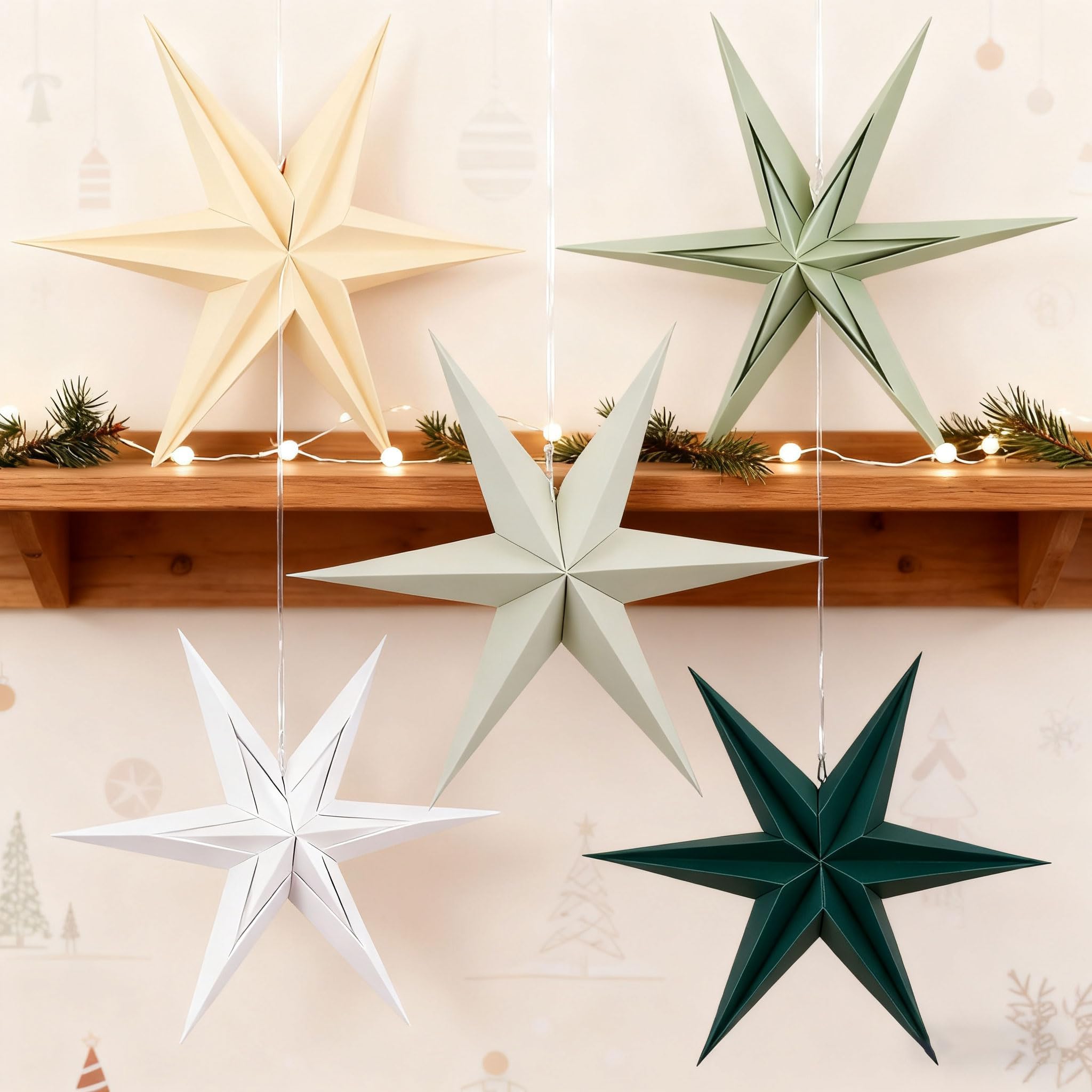 Sage Green Paper Star Lanterns Hanging Stars Christmas Party Decorations Hanging Lampshade 5PCS 6-Pointed 3D Paper Star Christmas Wedding Birthday Holiday Xmas Ceiling Home Party Decorations(12 Inch) โ image 1
