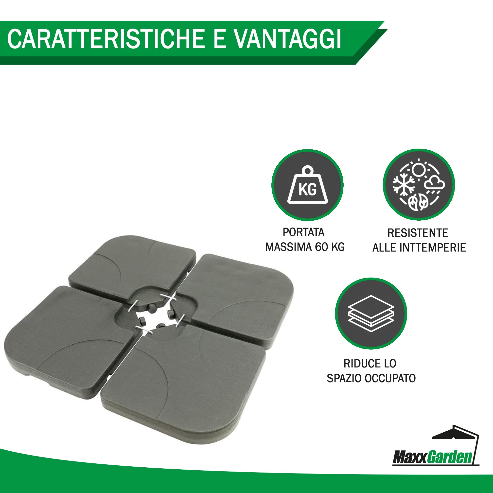 MaxxGarden Supporto per Ombrellone - Set di 4 Pesi per Supporti per Ombrellone, 50 x 50 x 7,5 cm, da Riempire con Acqua o Sabbia, Fino a 100 kg
