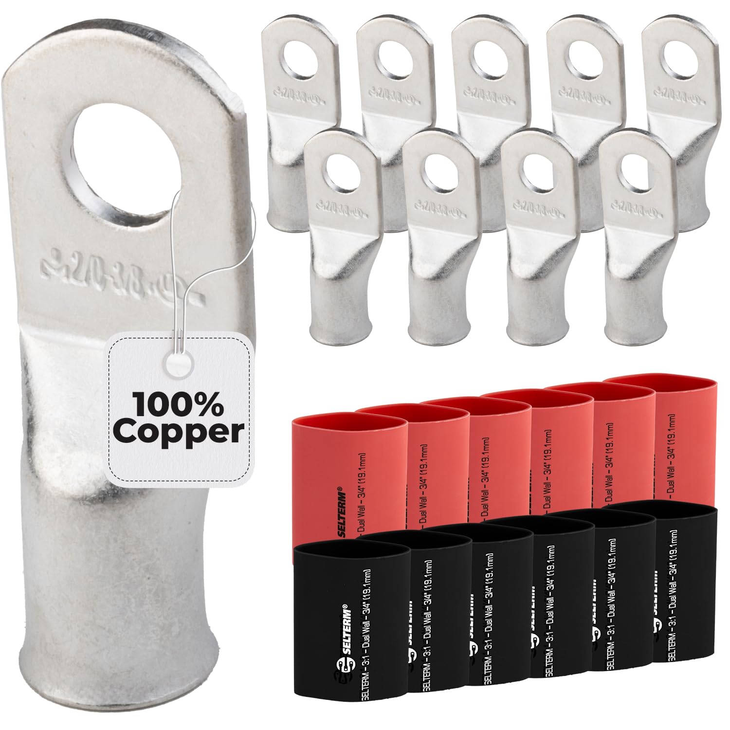 SELTERM 10pcs - 2/0 Awg - 3/8" Stud - Battery Lugs - Ring Terminal Connectors with 12pcs 3:1 Black & Red Heat Shrink Tubing with Adhesive | Heavy Duty