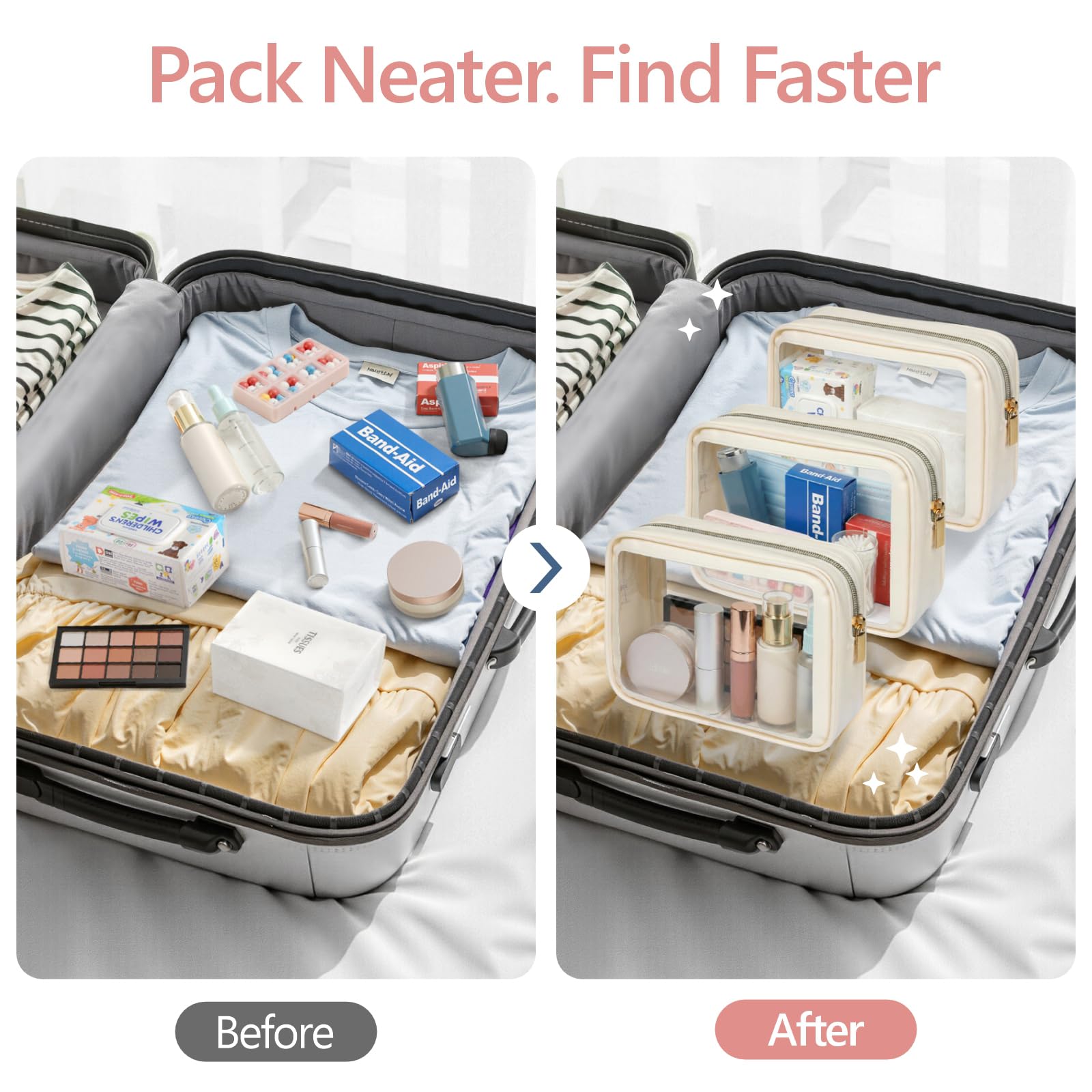 PACKISM Bolsa de maquillaje transparente, bolsa de aseo aprobada por la TSA para equipaje de mano y facturado, organizador de almacenamiento de coche resistente al agua con costuras reforzadas