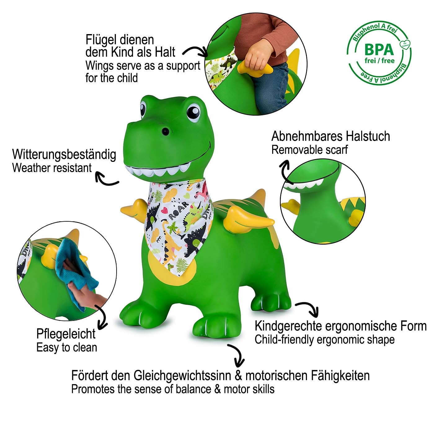 JAMARA 466007 Dino con ali HoppyDoo – Giocattoli per bambini, giocattoli per interni ed esterni, regalo per bambini, giocattoli da giardino, facile da pulire, senza BPA, con pompa