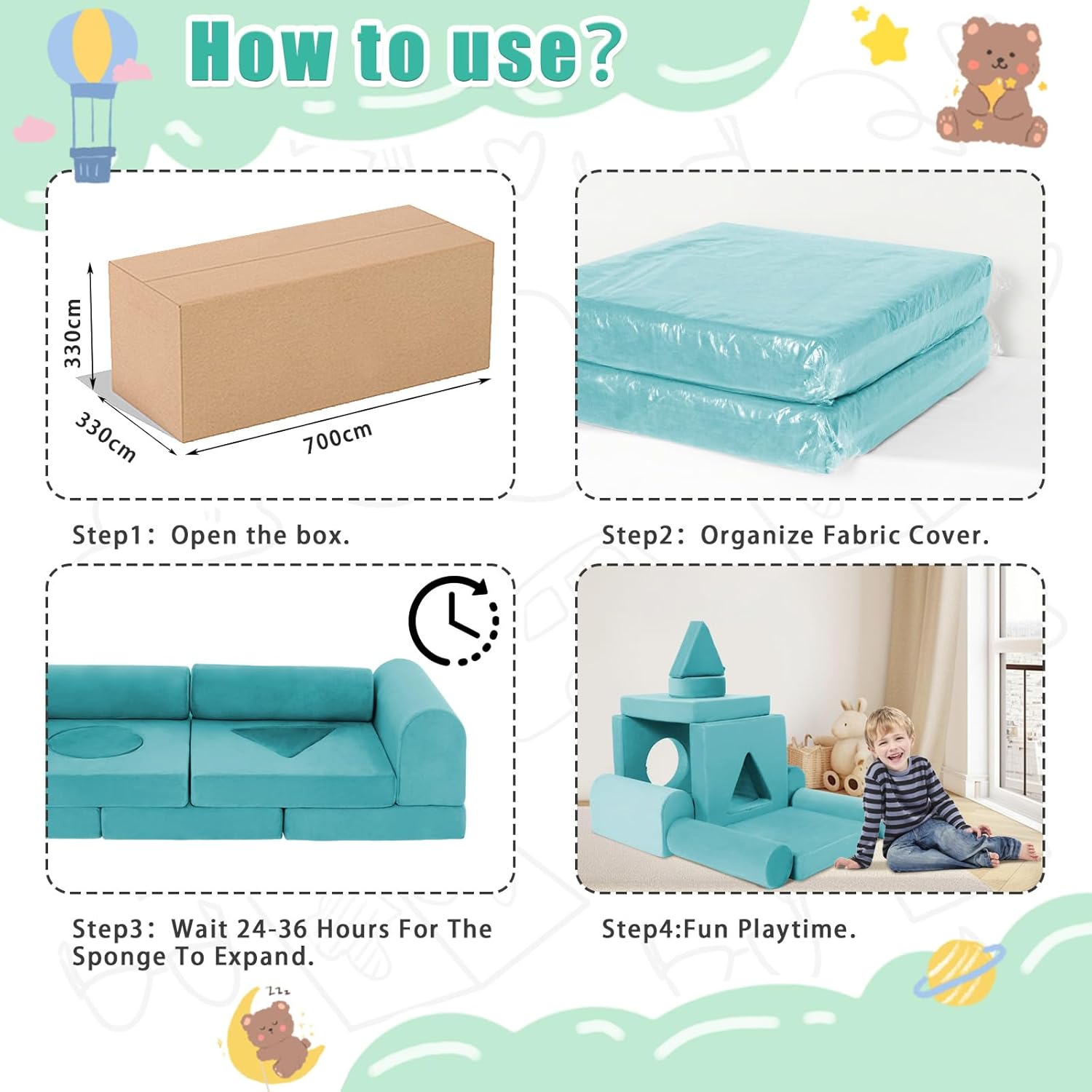 11pcs Modular Kids Play Couch Toddler Sectional Sofa DIY Creativing Convertible Play Fort Foam Play Couch Child Floor Folding Sofa for Playroom Bedroom Living Rooms Furniture(Cyan)