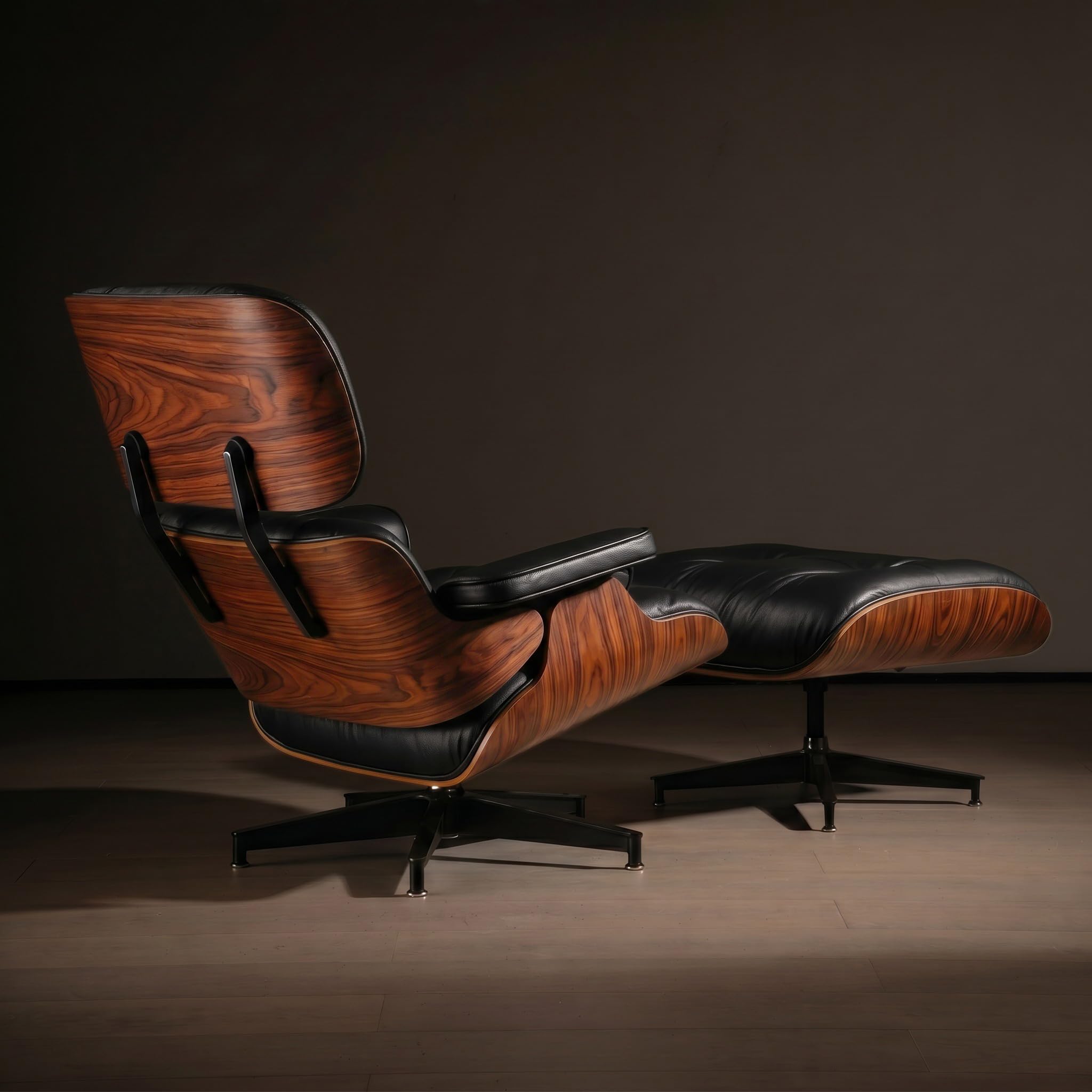 Tranqu Top Black Grain Leather Mid Century Chaise Lounge Chair and Ottoman,Genui — product photo