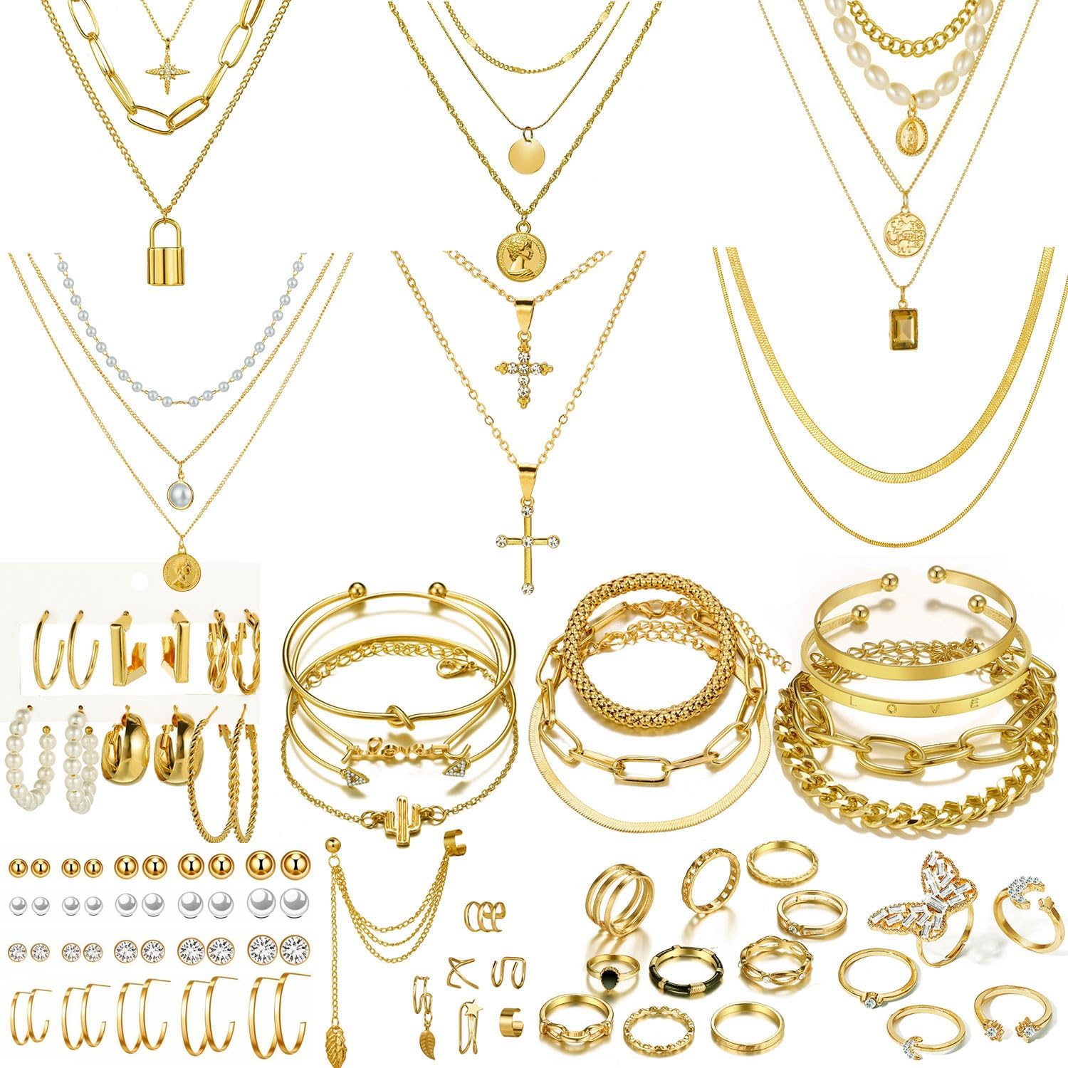 73 Pcs Gold Jewelry Set with 6Pcs Layered Necklace, 11