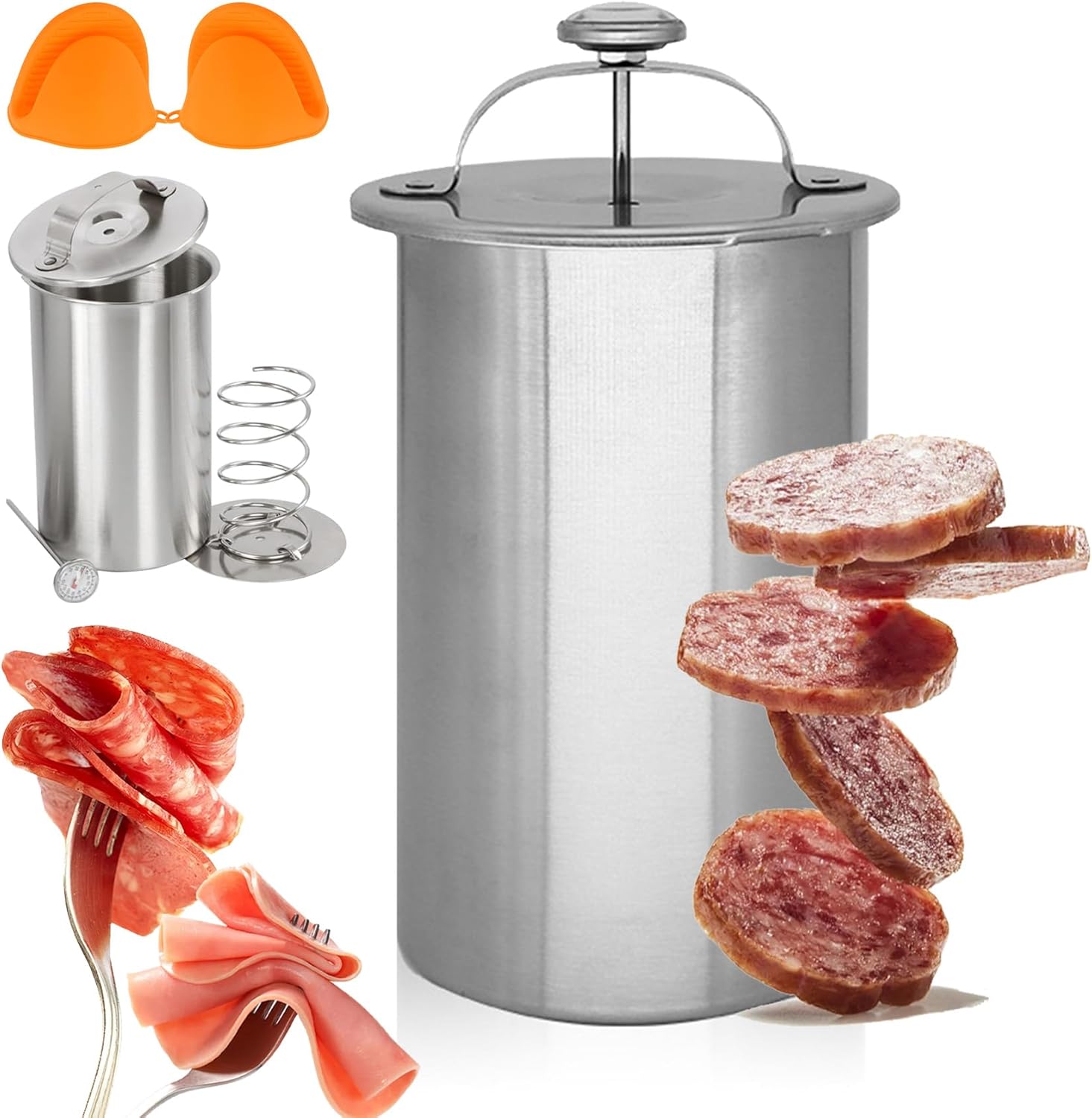 Deli Meat Press Stainless Steel, 1.5L Sturdy Meat Press Mold for Deli Meats with Thermometer & Spring Mechanism, Ham Press Mold, Lunch Meat Press for Homemade Healthy Deli Meats Sandwiches (1)