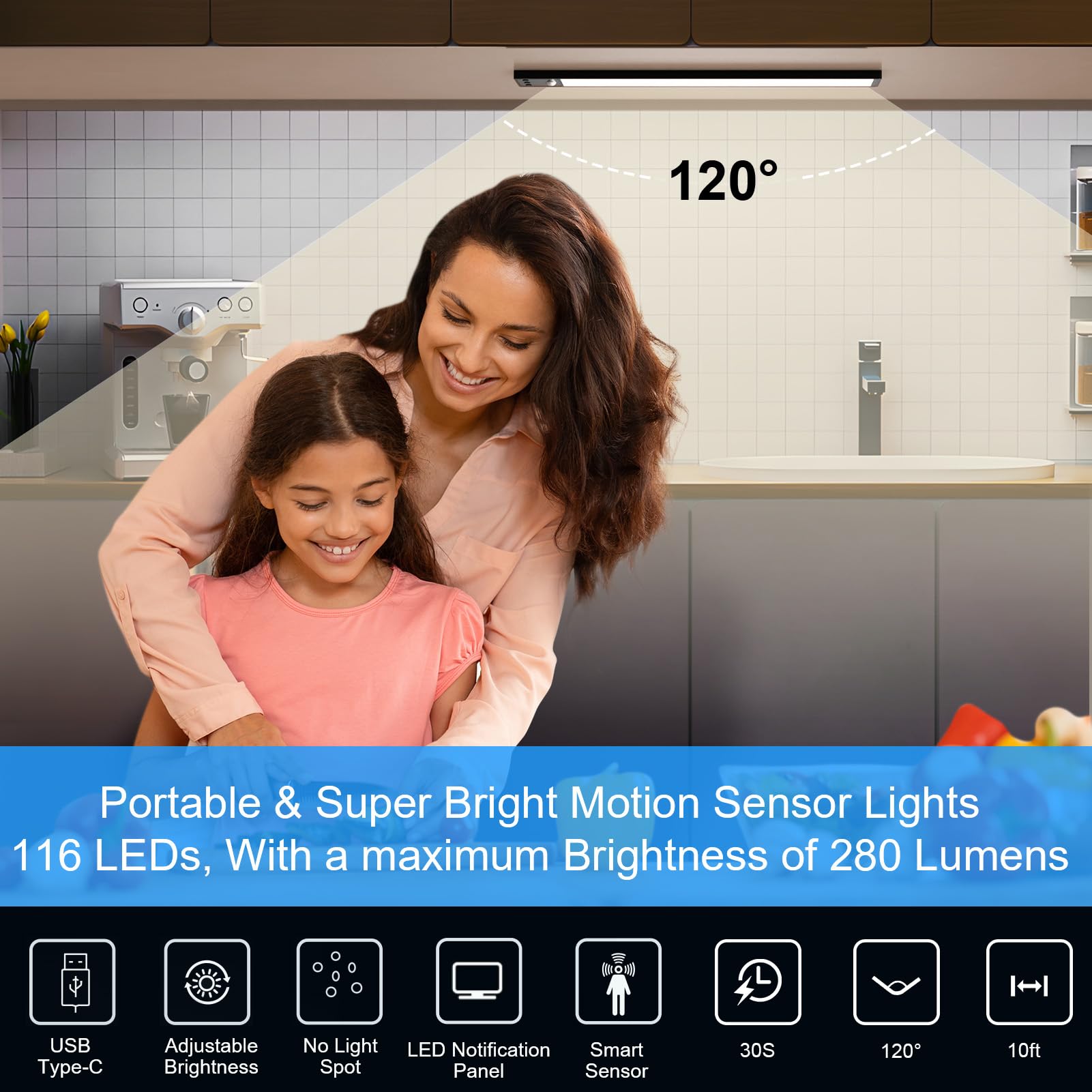 YELKO Under Cabinet Lighting 12inch Led Motion Sensor Cabinet Lights 1500mAh Battery Operated Closet Lights Cordless Rechargeable Motion — view 4