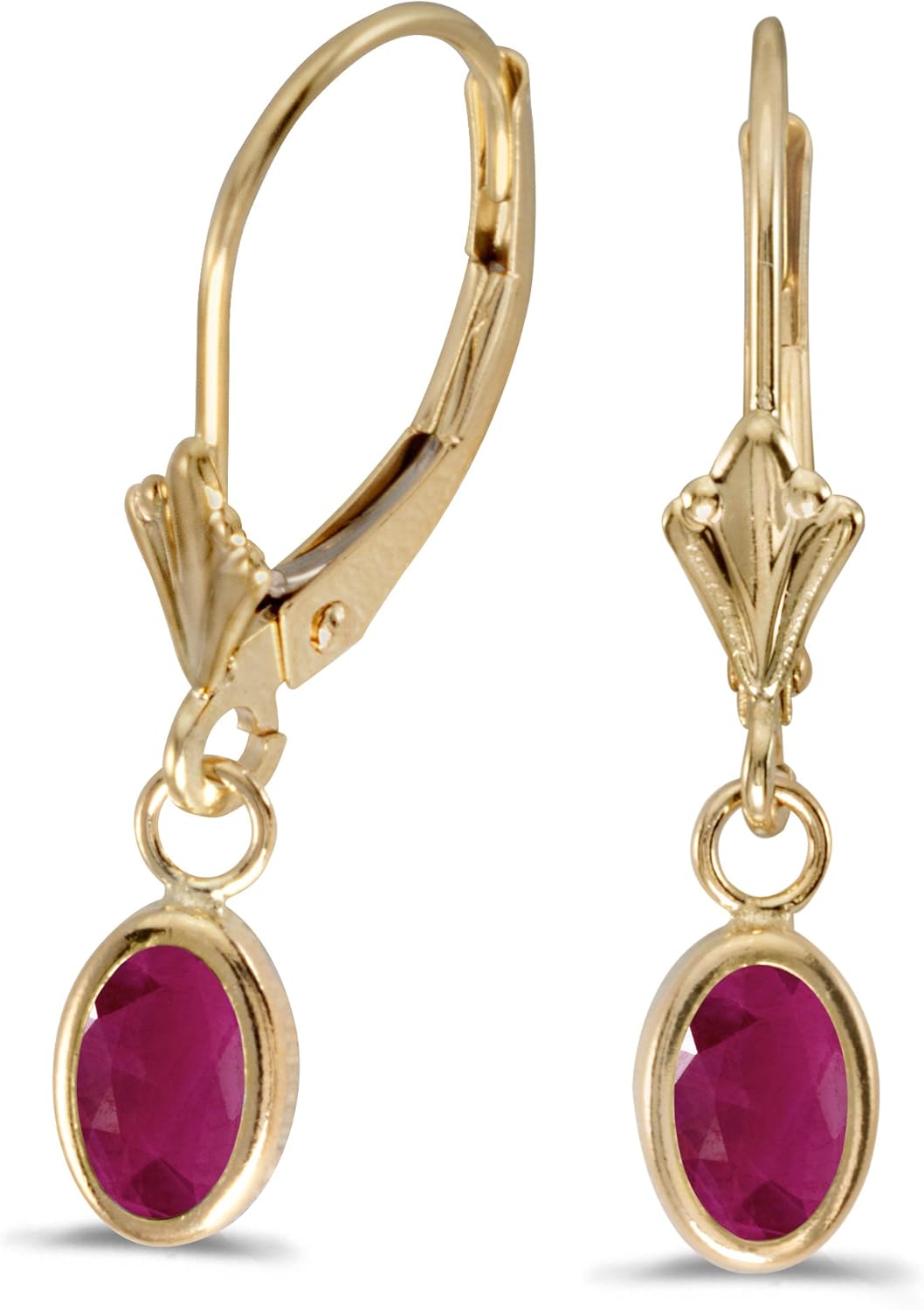 14k Yellow Gold Oval Ruby Bezel Lever-back Earrings