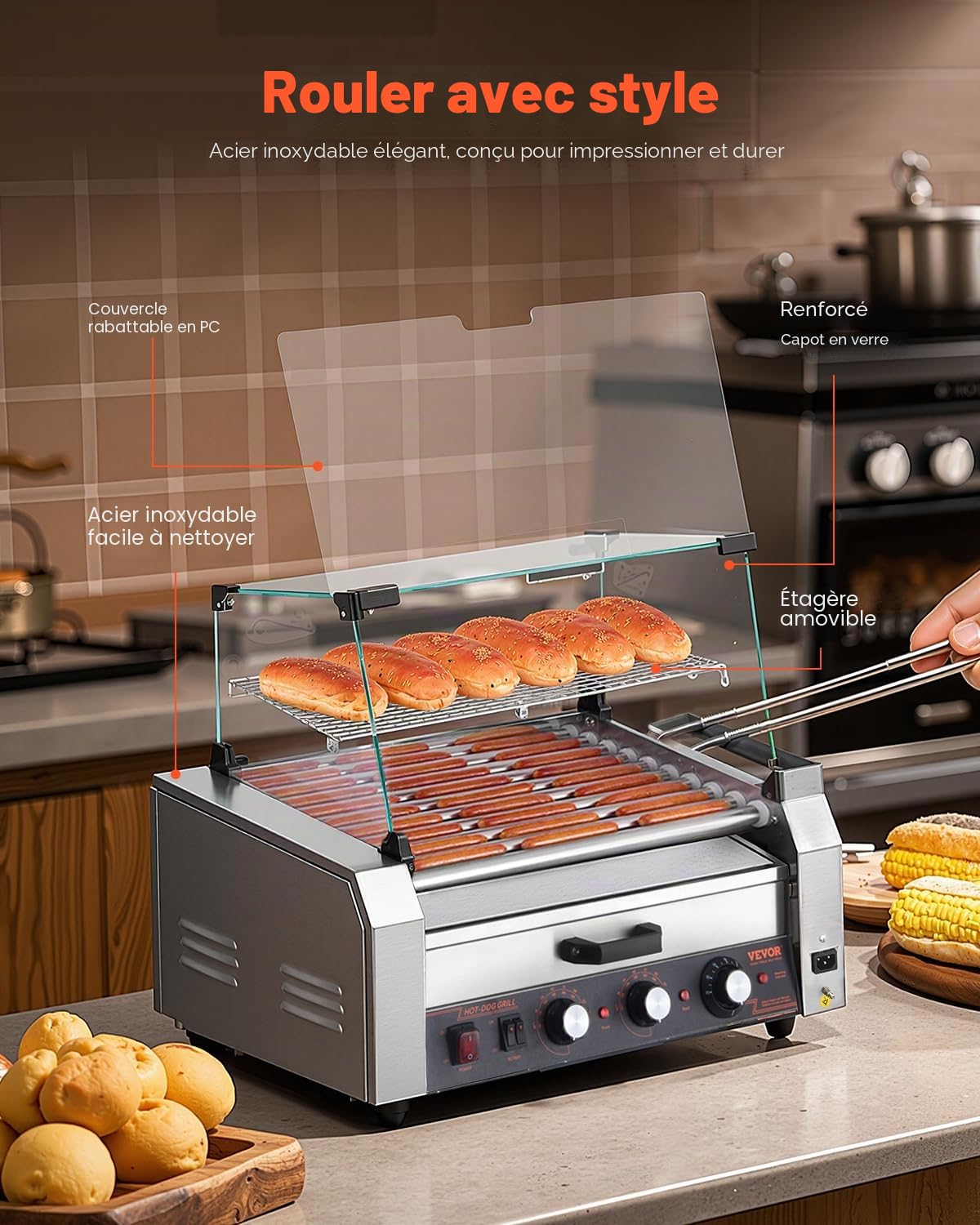 VEVOR Rouleau à hot-dogs, 11 rouleaux, 30 hot-dogs, machine à griller les saucisses en acier inox, avec chauffe-petits pains, couvercle, boîte de rangement latérale, bac à huile, pour maison, commerce