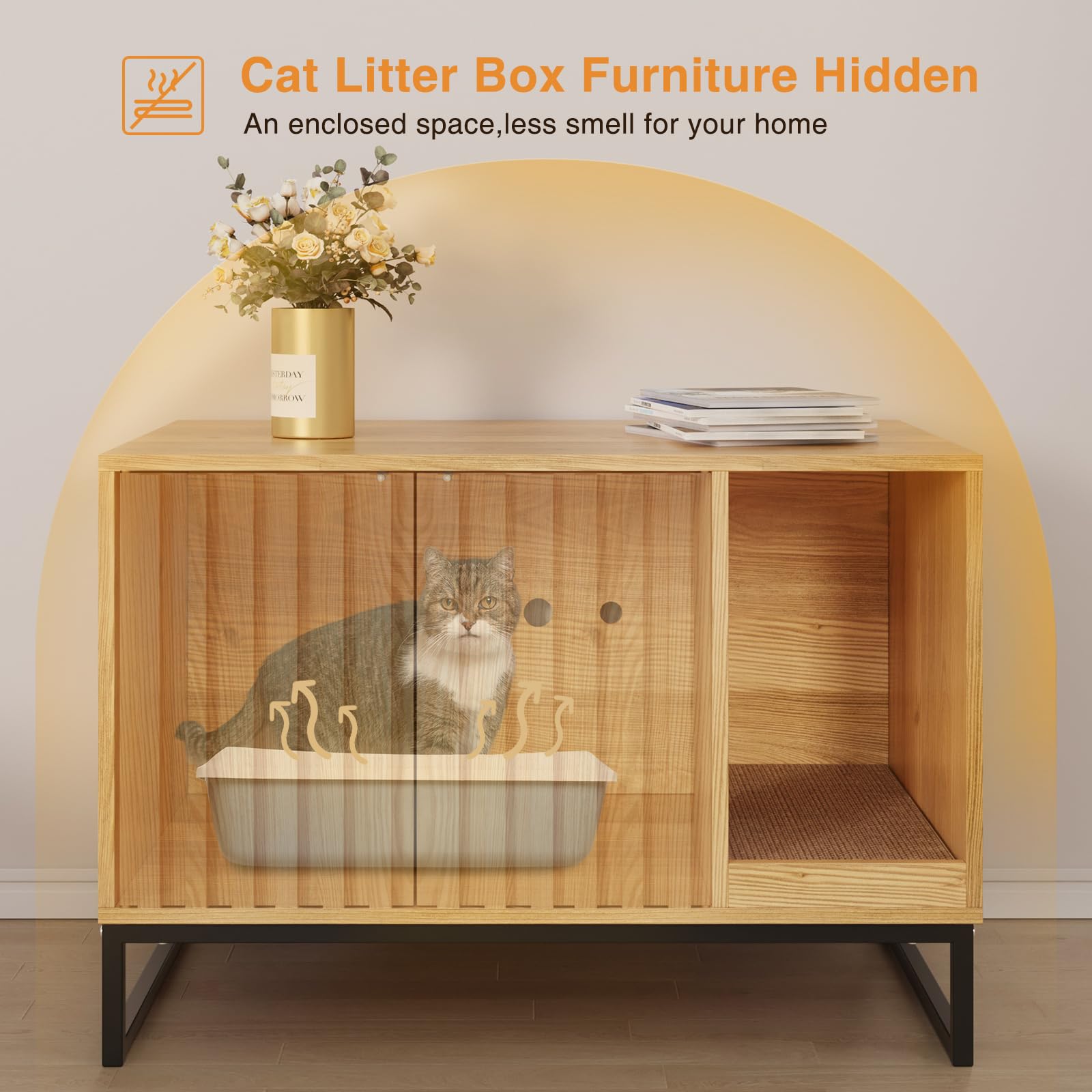 Vabches Litter Box Enclosure, Modern Fluted Cat Hidden Litter Box Furniture with Scratch Pad, Cat Washroom House End Table for Living Room, Natural - image 4