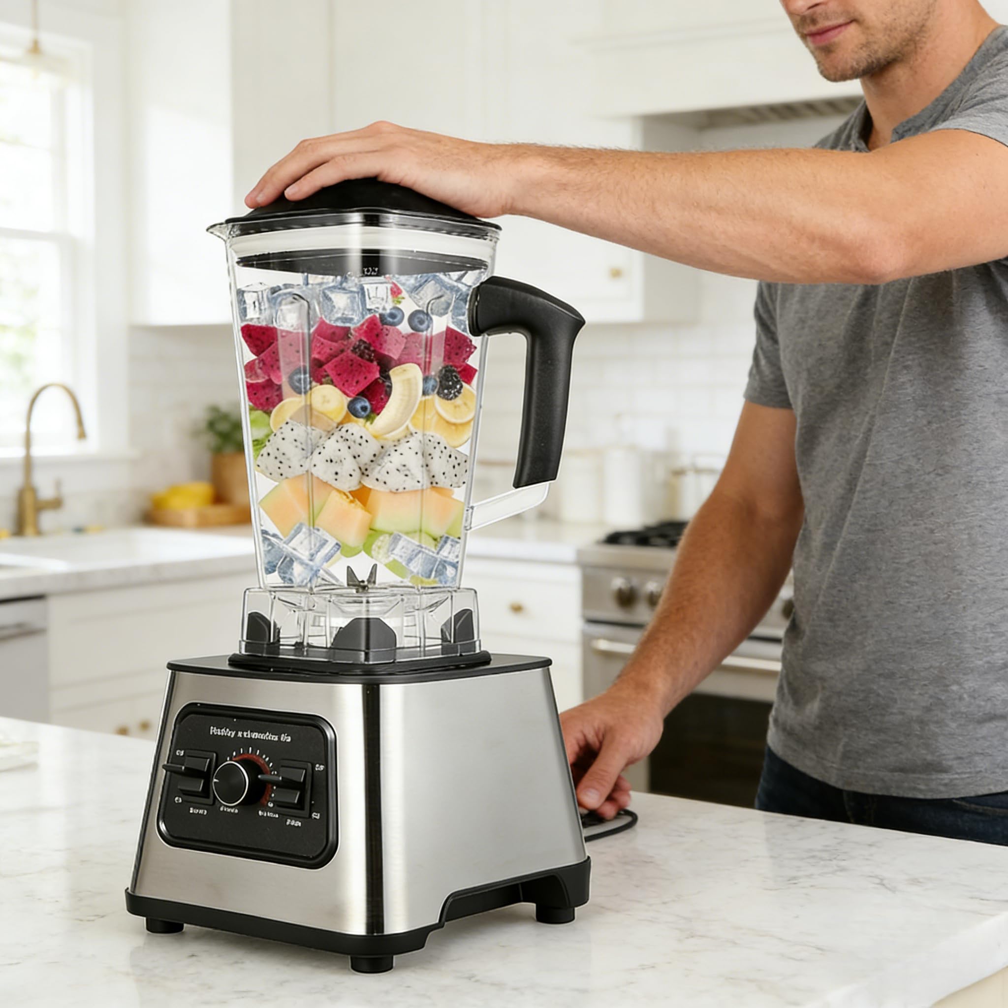 Mixeur Multifonction 6000W, 2 en 1 pour jus et smoothies avec 9 vitesses réglables, 2 pichets, 4 lames en acier inoxydable, mixeur de cuisine pour smoothies, jus de fruits et légumes