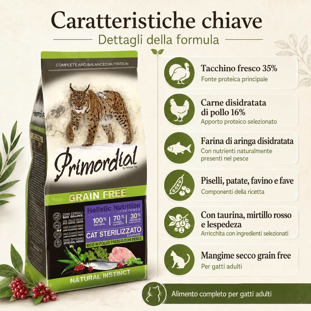 Primordial Neutered Crocchette Gatto Adulto Tacchino e Aringa, Mangime Secco Grain Free per Gatti Adulti, Alimento Completo con Taurina, Mirtillo e Lespedeza, 6 kg