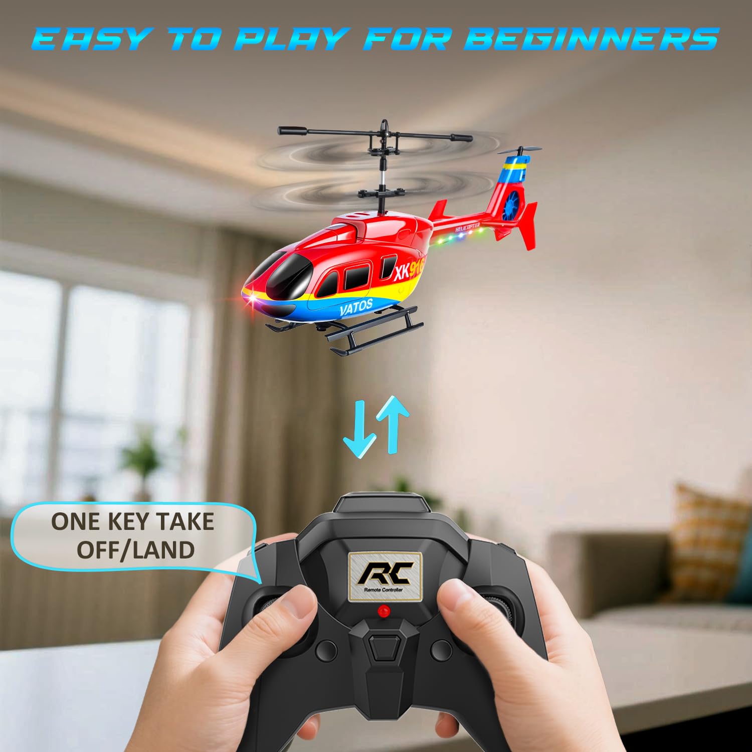 VATOS Elicottero telecomandato, 2.4GHz Altitude Hold Birdy elicotteri RC con giroscopio e luce LED, One-Key decollo e atterraggio, 3.5 CH Radio Controlled Aircraft per bambini adulti principianti