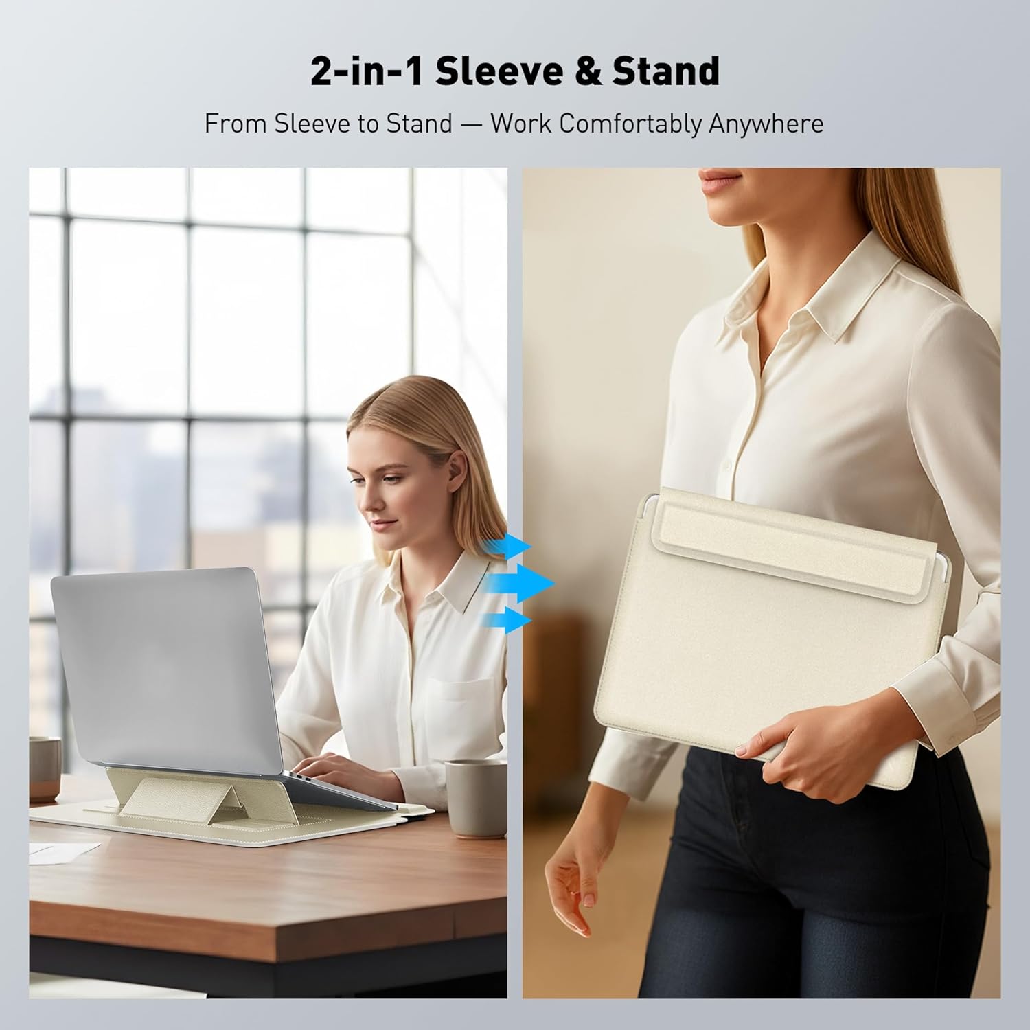 AboveTEK Laptop Sleeve Case for 13-14 inch MacBook Air/Pro, Slim Laptop Case with Stand, Ergonomic Wrist Rest & Mouse Pad, Waterproof Anti-Scratch Leather Bag for 13-14 Surface HP (Beige) - Image 2