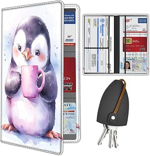 Car Registration & Insurance Card Holder with Magnetic Shut, Premium Pu Leather Vehicle Glove Box Organizer for Driver License Insurance Card Paperwork for Men Women, Watercolor Penguin Coffee