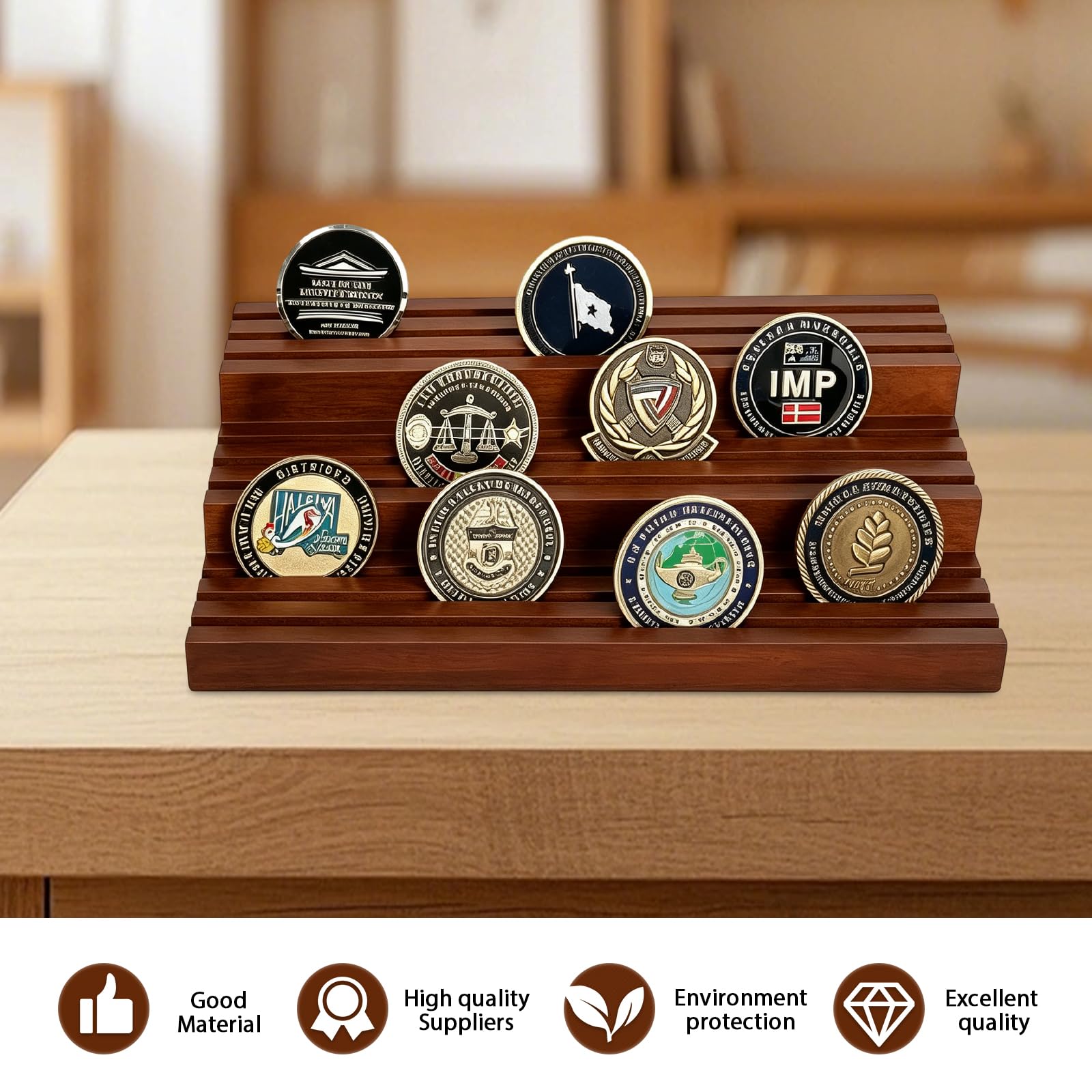 3-Stufig Münzhalter Holz: Massivholz Coin Display, 27*15*6cm Handgefertigter Münzen Ständer, Display Ständer für 15-18 Münzen, Medaillenhalter für Sammel- und Ausstellungszwecke
