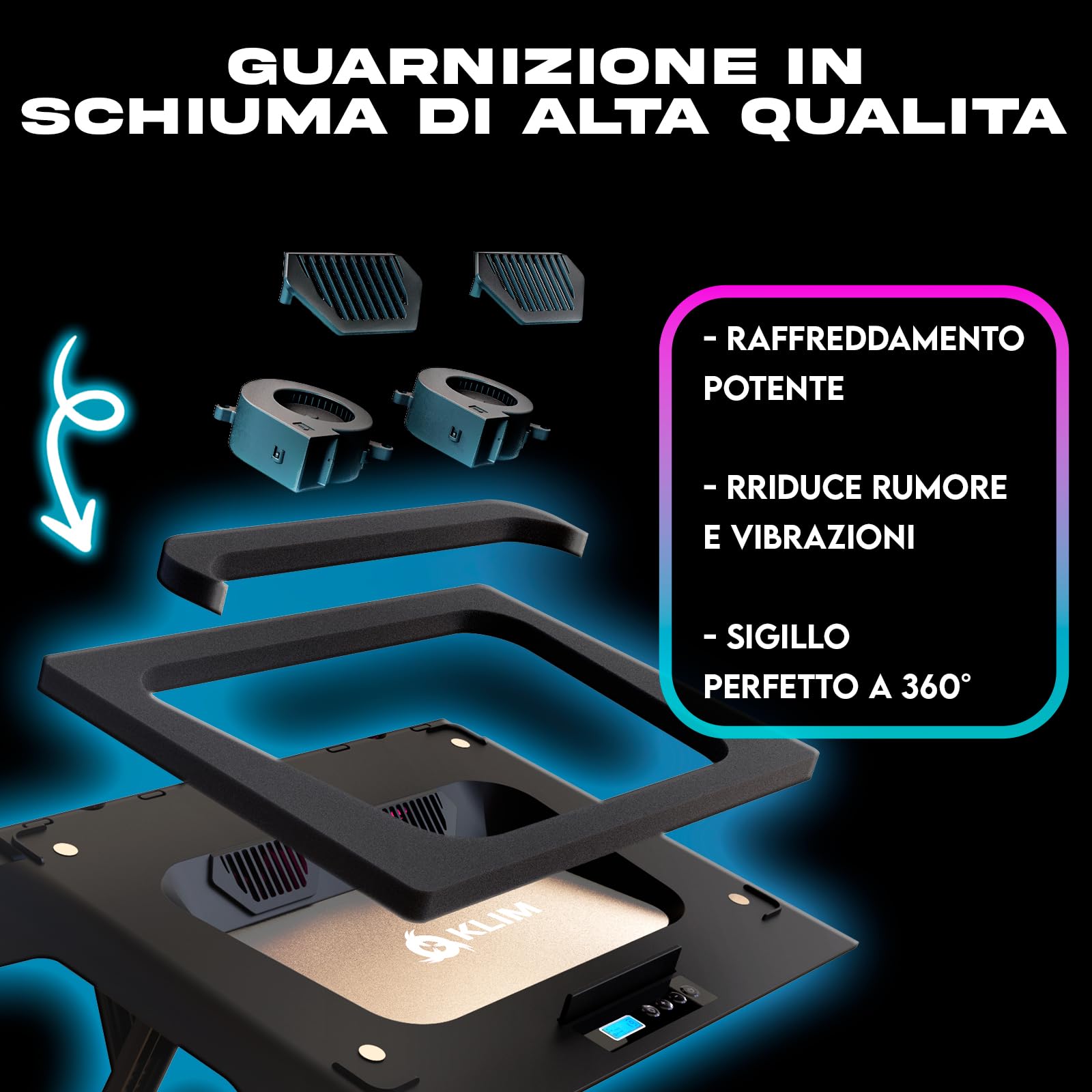 KLIM Everest Plus Base Raffreddamento Ventole PC Portatile Gaming 6300 RPM | Base raffreddamento PC DC con due ventole turbo, luci RGB, schiuma sigillata - raffredda veloce. Per portatili 11-17,3 poll.