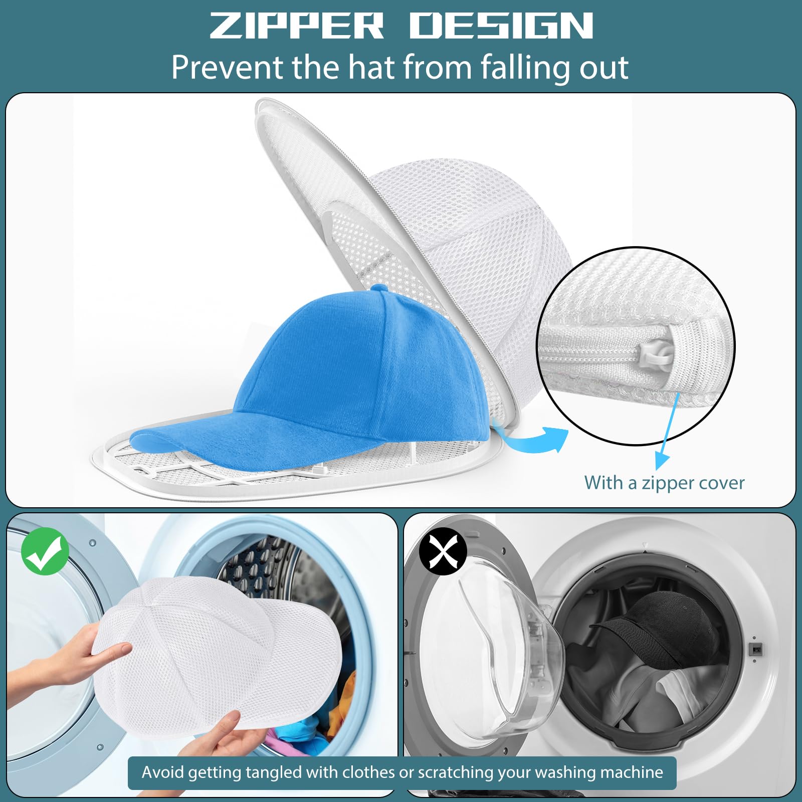 Eiito Rondella per cappelli per lavatrice, pulitore per cappelli da baseball con gabbia per telaio e borsa a rete (1 confezione bianca)