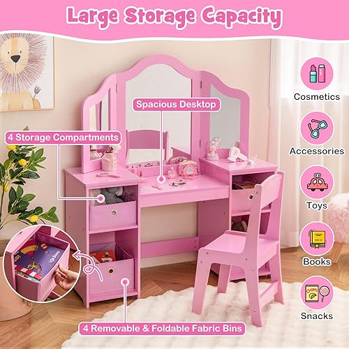 Miniatura 13 de HONEY JOY Vanidad para niños, juego de tocador para niñas pequeñas con espejo y taburete, estantes de almacenamiento, tocador de madera de princesa,