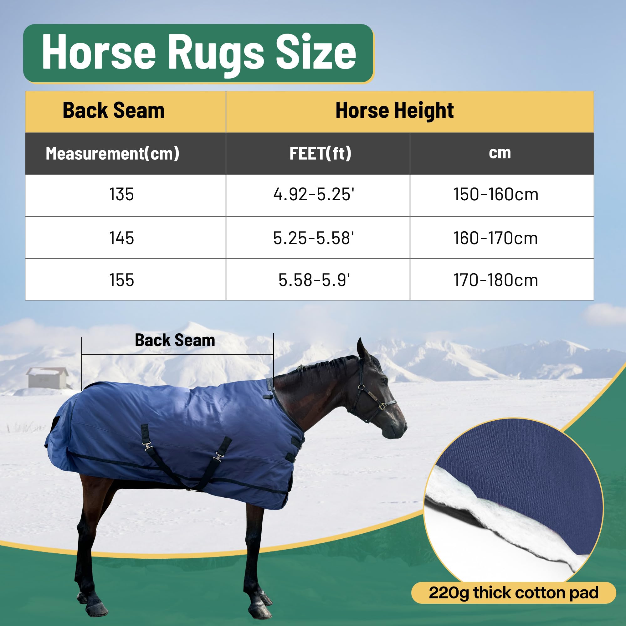 Manta de caballo 1200 D, manta de caballo con cubierta de cuello desmontable, relleno de 220 g, manta impermeable a prueba de nieve para caballo (EE. UU. 72 pulgadas (UE 135 cm)