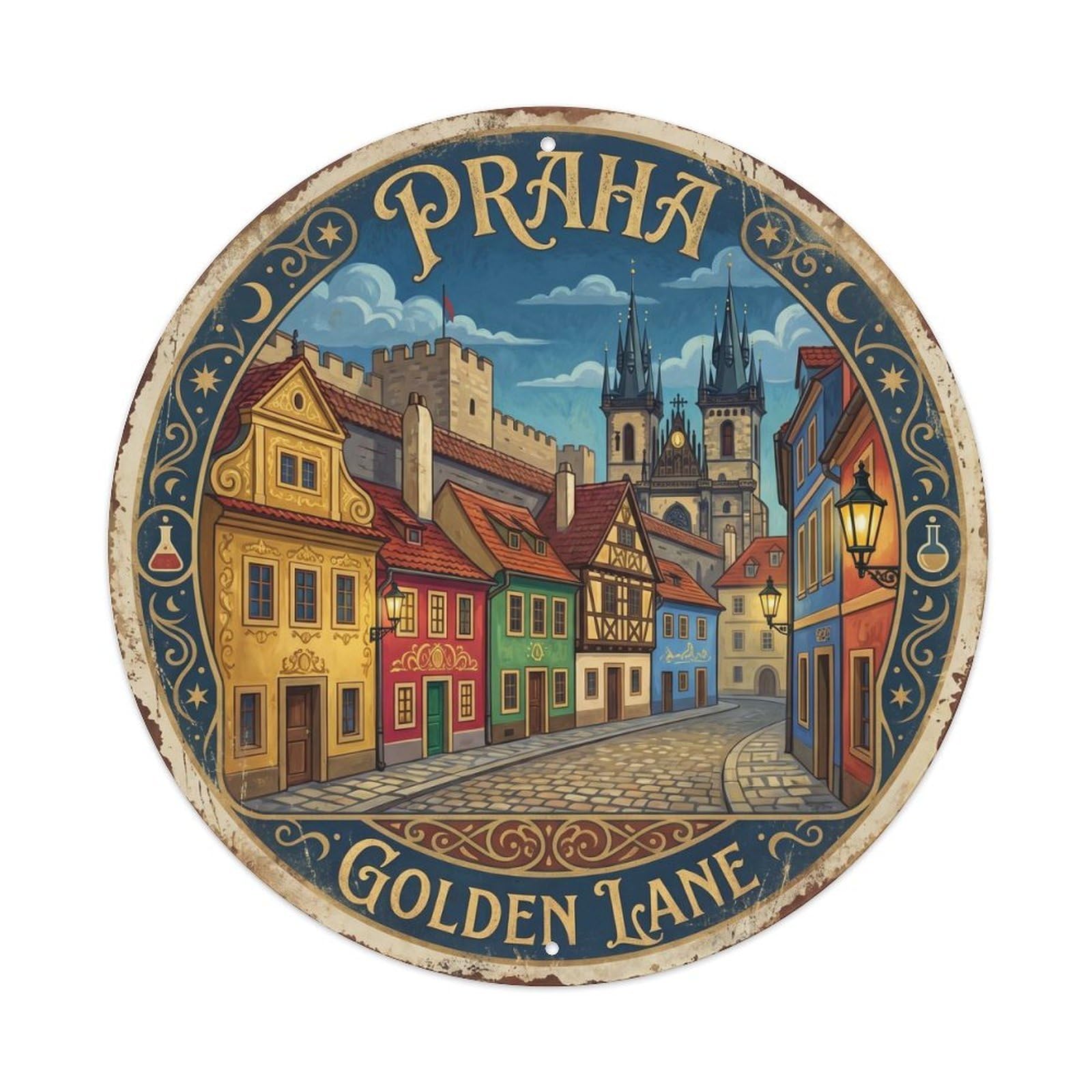 Vintage Travel Prague Golden Czech Metal Tin Sign Plaque Wall Decor for Cafe, Club, Garden Round Metal Poster 8x8Inch